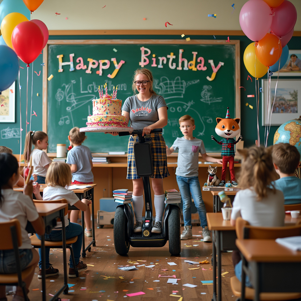 In the foreground of the scene, there’s a dynamic and hilariously chaotic birthday party set in a Scottish classroom. A teacher, dressed in a Runrig band t-shirt, is standing on a Segway at the head of the class, trying to maintain control while also holding a large, colorful birthday cake adorned with tartan patterns and musical notes. Her Segway has been humorously customized with a blackboard and textbooks strapped to the sides. Surrounding her, students are energetically bouncing around, some wearing kilts and party hats. One student, standing on a desk, is playing an inflatable guitar as if performing a Runrig concert, while another student nearby is using a set of drumsticks on a stack of textbooks as makeshift drums.

In the background, a large chalkboard displays a “Happy Birthday” message in vibrant chalk colors, decorated with little drawings of musical instruments, Segways, and Highland landscapes. A life-sized cardboard cutout of the Runrig band members stands against the far wall, each member also whimsically equipped with mini-Segways. Balloons in the shape of music notes and Segways float above, tied to the classroom's ceiling lights. The floor is a scatter of confetti and birthday cards, with one card prominently showing a cartoon of a Runrig member riding a Segway. There's also a cheeky cat with a tartan bow tie, sneaking a taste of the cake from the Segway's side pocket, adding to the lively chaos.

In the far right corner, an old-fashioned globe stands decorated with a party hat, and near it, a classroom hamster in its cage, adorned with a tiny kilt, watches the festivities with curiosity. The entire scene bursts with humor and vibrant detail, blending the educational environment with Scottish culture and birthday merriment, all tied together with the quirky use of Segways.
Generated with these themes: Runrig, Teaching, and Segway.
Made with ❤️ by AI.