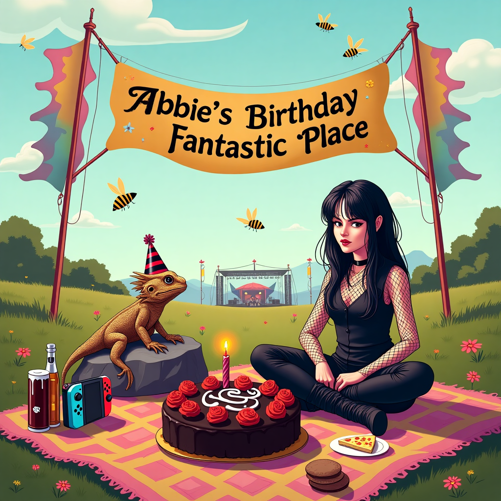 Imagine a vibrant birthday picnic scene set at a lively rock festival. At the heart of the scene, there’s a colorful blanket spread out on a grassy knoll with the perfect view of the distant stage, where a band is performing. Sitting cross-legged on the blanket is a woman with striking black and white hair, dressed in an ensemble of goth-inspired attire, complete with fishnet sleeves and chunky boots. Beside her sits a curious bearded dragon lizard, perched confidently on a small rock, wearing a tiny party hat made from a shimmering silver paper cone.

Scattered around the picnic blanket are a variety of goodies: a slice of pizza resting on a paper plate, a couple of bottles of frothy beer with vintage labels, and a Nintendo Switch console with a vibrant red and blue controller, lying between the woman and her reptilian friend. Nearby, a large birthday cake sits on a decorative stand, adorned with dark chocolate icing, crimson red roses made from sugar, and a single lit candle. Across the cake’s surface, “Happy Birthday Abbie” is written in swirling white icing.

Above them, bees buzz animatedly through the air, drawn to the scent of wildflowers and the sugary aroma of the cake. In the background, a vibrant banner stretches between two tall festival flags, fluttering in the breeze. It reads “Abbie’s Fantastic Place” in bold, gothic script, its letters adorned with tiny musical notes and stars, adding to the festival atmosphere. The sky above is a soft pastel blue, streaked with wispy clouds where, if you look closely, you can almost imagine the letters of Abbie’s name being written by the trail of a playful bee.
Generated with these themes: A bearded dragon lizard, A woman with white and black hair and goth clothes, Pizza and beer, A banner saying 'Abbie's Fantastic Place', Nintendo switch console, Birthday cake, Bees in the air, and Picnic at a rock festival.
Made with ❤️ by AI.