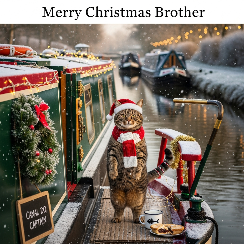 At the top of the Photorealistic picture taken from a camera image, Merry Christmas Brother

Ultra-high-definition 4K UHD, lifelike winter photograph on a frosty UK canal at golden hour. A classic green-and-red narrowboat glides through calm water, its roof dusted with fresh snow, a wreath on the bow, and warm fairy lights reflecting in the ripples. Foreground hero: a plump tabby cat in a tiny Santa hat and snug knitted scarf stands at the stern like a captain, one paw confidently on the wooden tiller, tail accidentally tangled in a string of tinsel. The cat gives a deadpan, unimpressed stare directly at the camera, snowflakes dotting its whiskers; a steaming enamel mug (with a little fish-bone decal) and a half-eaten mince pie rest on the deck nearby. Gentle snow flurries streak through the scene; the cat’s breath is faintly visible in the cold air. Background falls into creamy bokeh: moored narrowboats, frosted hedgerows, and twinkling lights. Include a single cheeky line of in-scene text: on a small hanging chalkboard by the tiller, neatly hand-lettered in white, “Canal do, Captain!”

Camera and aesthetic: vertical portrait, rule-of-thirds with the cat in the upper-left intersection; soft negative space at the very top for the title text; warm-white fairy lights; physically accurate lighting; rich textures (crisp fur, frost crystals, wood grain, snow on metal handrails). Shallow depth of field, tack-sharp on the cat’s eyes and whiskers, subtle vignette, natural color grade. Shot on a full-frame 50mm lens, f/2.2, ISO 200, 1/250s, with gentle motion blur on falling snow and clean high dynamic range for realistic highlights and shadows.
Generated with these themes: Narrow boat, tabby cat, and .
Made with ❤️ by AI.