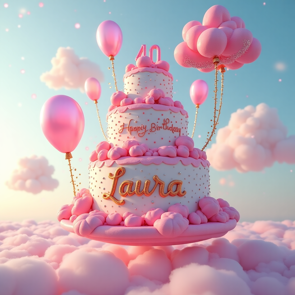 Happy 40th Birthday LAURA, 40, Balloons , and Pink sparkles Birthday Card