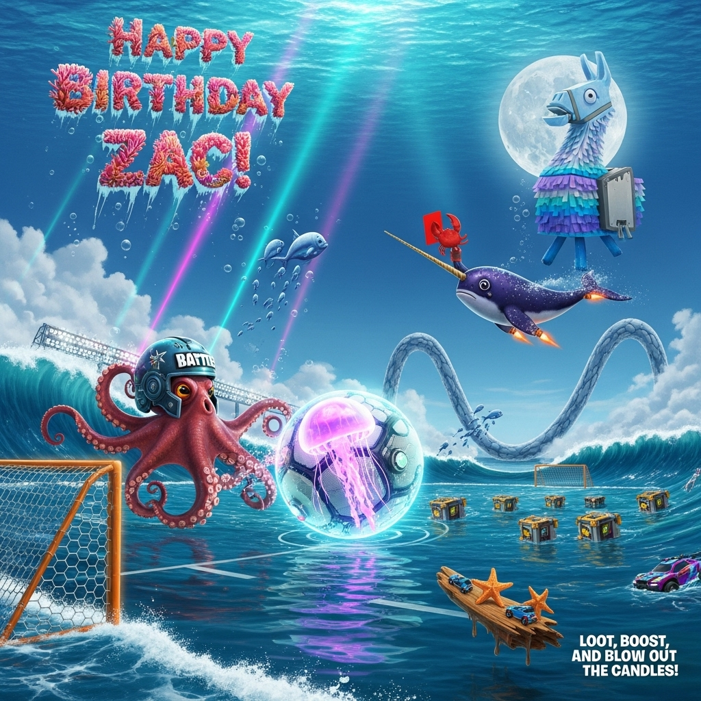 At the top of the Surreal Style image, display the text **"Happy Birthday Zac!"** in bubbly, floating letters made of coral and sea foam, gently swaying as if underwater.  

Create a dreamlike, Dali-inspired surreal scene where a giant octopus wearing a Fortnite battle helmet dribbles an enormous, glowing Rocket League ball made of shimmering jellyfish across an ocean made of liquid neon. The goalposts rise like colossal seashells, spiraling into the clouds, while schools of fish morph into pixelated Fortnite loot boxes mid-swim. A narwhal with rocket boosters on its fins hovers above the waves as if refereeing the match, holding a red card shaped like a crab claw. The horizon bends upwards into a loop, and the moon is a giant laughing llama (from Fortnite) made of sea salt. Ethereal beams of turquoise and magenta light ripple through the sky, and melting starfish cling to floating driftwood shaped like Rocket League cars. The whole scene should feel absurd, hilarious, and otherworldly.  

Small caption in the bottom right: **"Loot, Boost, and Blow Out the Candles!"**
Generated with these themes: Sea creatures, Fortnite, Rocket League, and .
Made with ❤️ by AI.