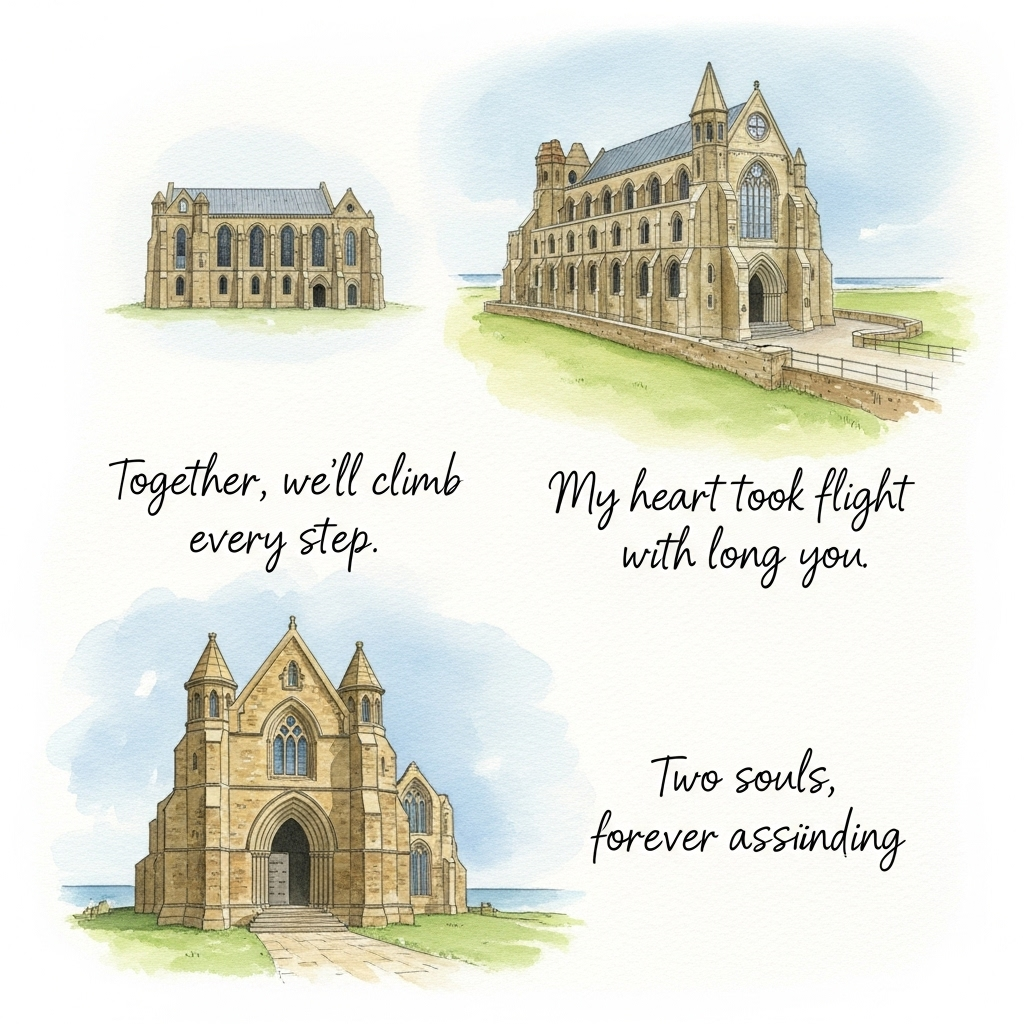 Here’s your romantic watercolor-style image prompt for the greetings card:  

---

**Prompt:**  
A dreamy watercolor scene of the 199 stone steps leading up to Whitby Abbey at dusk, the steps bathed in soft pinks, golds, and lavender hues of the setting sun. The ancient Gothic abbey silhouette rises at the top, its arches and spires brushed with delicate ink-like shadows. On the steps, a white rabbit and a black rabbit sit side by side, gazing upward together, their fur painted in soft, feathery watercolor strokes that blend into the warm light. Wisps of sea mist curl around the lower steps, tinged with gentle blues, while wild roses in bloom spill over the edges of the path. The paper texture shows through the paint, giving the scene an airy, romantic feel. In the lower corner, hand-lettered in whimsical calligraphy with a hint of ink bleed:  
*"Hopping up to forever… one step at a time"*  

---

Do you want me to also create **three alternate romantic captions** you could choose from, in case you want options for the card text?
Generated with these themes: 199 steps leading up to Whitby abbey, White rabbit , Black rabbit, Gothic , and .
Made with ❤️ by AI.