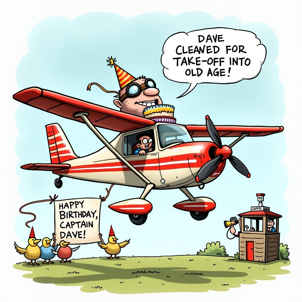 **Image Prompt:**

At the top of the illustration image, “Dave, you're cleared for take-off into old age!”

An illustrated cartoon scene shows a comically tiny Cessna plane with exaggerated red racing stripes, barely lifting off the ground under the weight of a birthday cake strapped to the roof. Inside the cockpit, a gleeful Dave, wearing oversized aviator goggles and a party hat, grips the controls with a goofy grin. Streamers trail behind the wings like contrails. In the background, birds hold up a banner reading "Happy Birthday, Captain Dave!" while a confused control tower operator peers through binoculars, holding a coffee cup that reads "Not Paid Enough For This." The whole image bursts with colorful, whimsical energy in a classic illustrated style.
Generated with these themes: Cessna plane, Red stripes, Dave, and .
Made with ❤️ by AI.