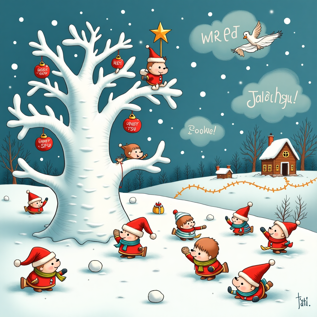 In this whimsical Christmas card scene, we find ourselves in a snowy landscape that pays homage to the classic and quirky styles of beloved cartoonists. At the center stands a peculiar white Christmas tree, but not just any tree—it’s a fantastical creation with branches that spiral upwards like a swirly ice cream cone, reminiscent of Charles Schulz’s stylized trees in "Peanuts." Its white, frosted branches glisten, adorned with ornaments shaped like tiny Mochichi dolls, each with a cheeky grin that echoes the playful innocence of Osamu Tezuka’s characters. 

Nearby, a bustling group of mischievous Mochichi creatures, inspired by the humorous chaos of Bill Watterson’s "Calvin and Hobbes," are having a snowball fight. They are dressed in colorful, exaggerated winter attire, complete with oversized scarves and mittens, as they tumble and roll in the fluffy snow. One particularly cheeky Mochichi, with a Santa hat too large for its head, has climbed to the top of the tree and is placing a golden star with the name “Janey Hsu” intricately engraved into it, making it the tree's crowning glory. 

In the background, you’ll spot a small village inspired by Hergé’s meticulous settings in "Tintin," with charming cottages draped in twinkling lights that mimic the starry sky, a nod to Winsor McCay’s dreamy "Little Nemo in Slumberland." Above, in the sky, the clouds form into letters spelling out "Merry Christmas, Janey Hsu!" as if the words are a magical part of the winter wonderland, influenced by the surreal touch of Gary Larson’s "The Far Side." A snowy owl, with expressive eyes, flies by, carrying a letter in its beak—a wink to Art Spiegelman’s storytelling. The scene is a festive tapestry of quirky delight, crafted with intricate details to tickle both the imagination and the funny bone.
Generated with these themes: White Xmas tree, and Mochichi .
Made with ❤️ by AI.