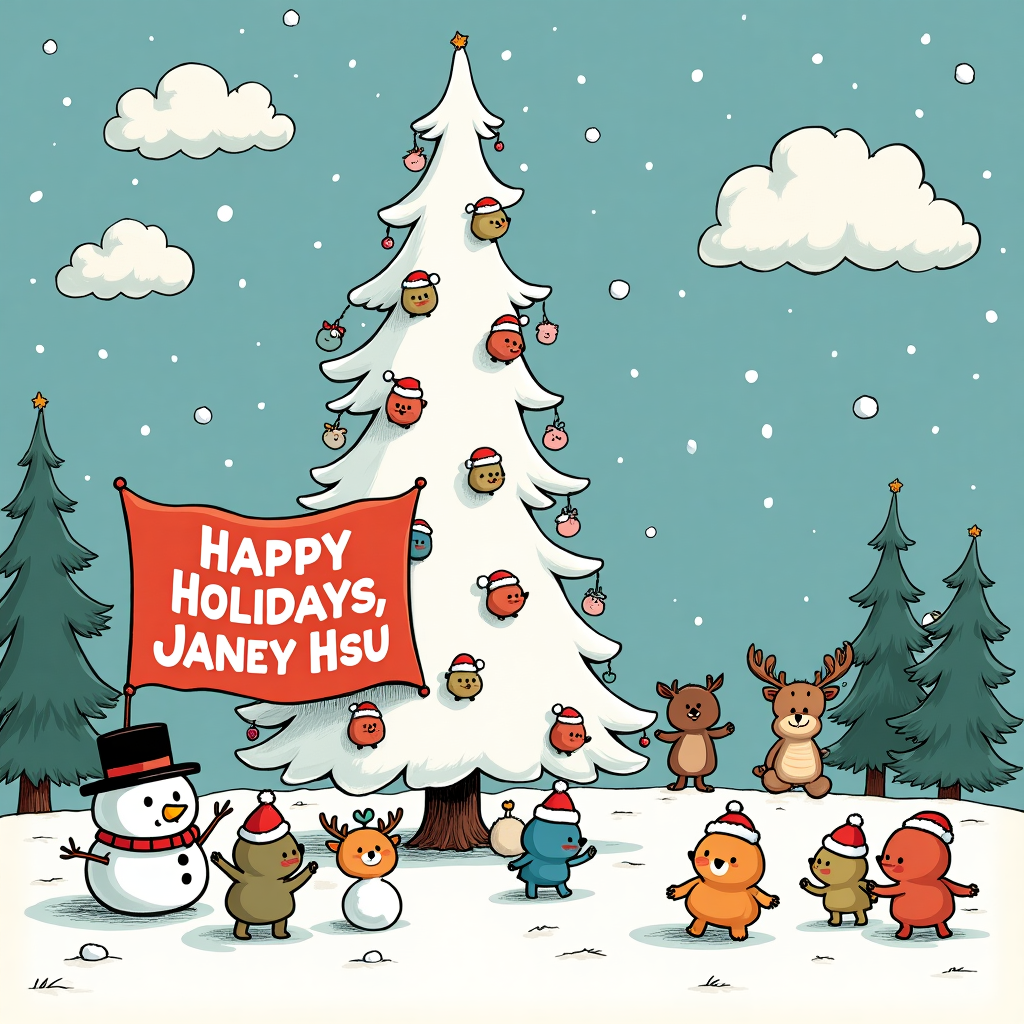 The front cover of this quirky Christmas greeting card features a lively winter wonderland scene bustling with humor and charm. Center stage, a tall, slightly quirky white Christmas tree stands, its branches whimsically curved, resembling the distinctive style of a Charles Schulz tree. Instead of traditional ornaments, the tree is adorned with colorful Mochichi plush toys, each dangling joyfully from the branches, their tiny faces beaming with holiday cheer. These mischievous Mochichis are dressed in tiny Santa hats and scarves, their expressions reminiscent of the playful antics found in Bill Watterson's Calvin and Hobbes.

In the foreground, a snowman with a top hat, echoing a Gary Larson-style oddity, is holding a large, hand-painted banner that reads "Happy Holidays, Janey Hsu!" The letters are artfully designed in snowflakes, and the banner sways slightly, as if caught in a gentle winter breeze.

To the left, a group of Mochichis are engaged in a friendly snowball fight, their expressions frozen in comical surprise as they dodge incoming fluffy projectiles. In the background, Osamu Tezuka-inspired animals, like a deer and a bunny, peek curiously from behind the trees, their wide eyes watching the playful scene unfold.

In the sky, cartoon clouds float lazily, and if you look closely, one of them has taken the shape of a giant Mochichi, its cheerful face peering down on the festivities below, adding a touch of whimsy to the heavens. The entire scene is bordered by twinkling stars and gently falling snow, capturing the enchanting essence of a white Christmas, complete with a touch of manga flair.

This enchanting tableau invites Janey Hsu into a world of snowy mischief and holiday cheer, perfectly blending the iconic elements of classic cartoon artistry with the charming whimsy of Mochichis in a winter wonderland.
Generated with these themes: White Xmas tree, and Mochichi .
Made with ❤️ by AI.