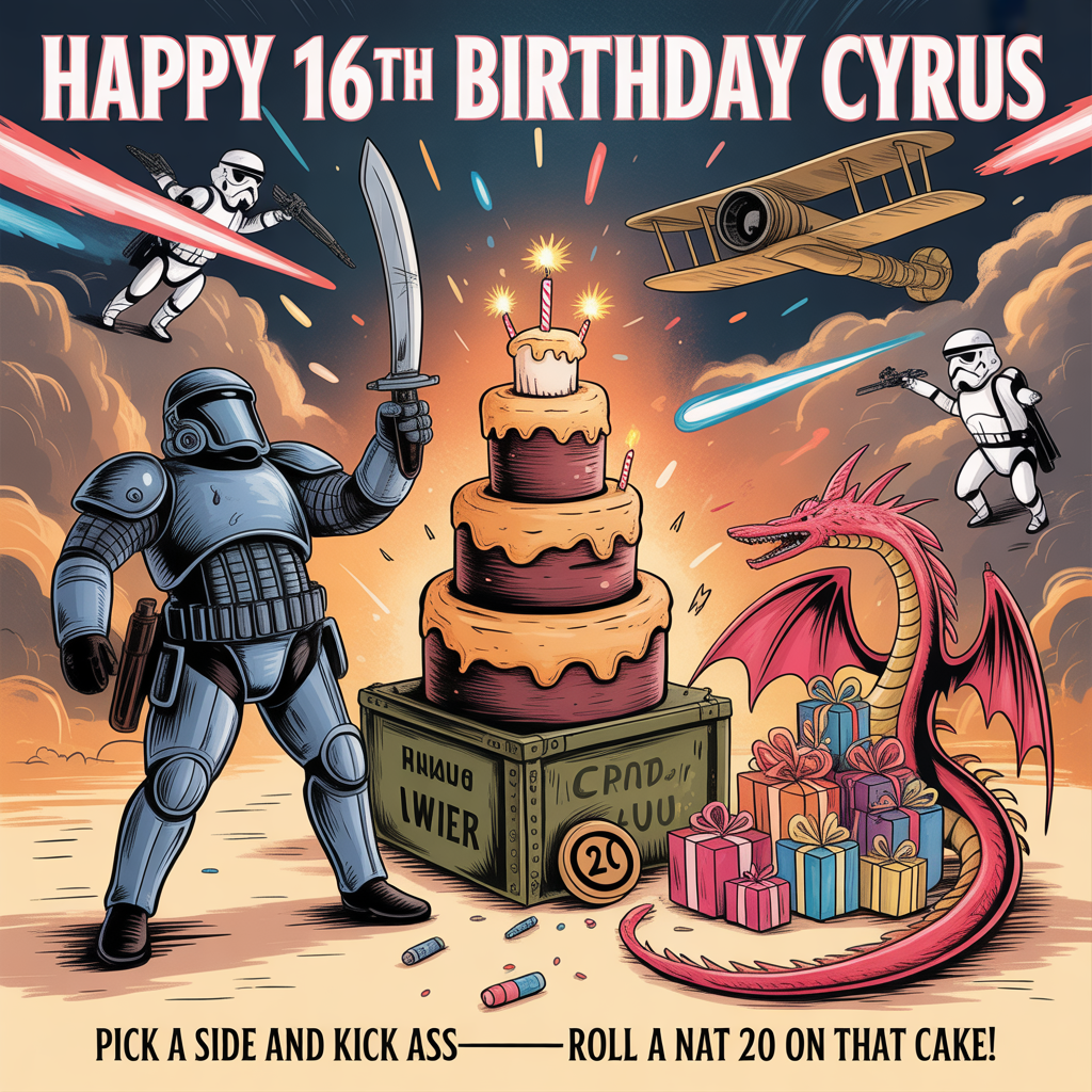 At the top of the Illustration Style image, "Happy 16th Birthday Cyrus"
At the bottom of the image, "Pick a side and kick ass—roll a nat 20 on that cake!"

Hand-drawn illustration with fine linework and textured brush strokes, warm expressive palette of burnished oranges, deep blues, gunmetal grays, and neon accents. Center stage: a towering birthday cake shaped like a war-torn fortress atop an ammo crate, candles flickering like tiny flares. Around it, a chaotic, celebratory crossover battlefield: a grimdark power-armored space marine brandishes a chainsword like a cake knife; a stormtrooper wildly misses the candles with blaster confetti while a red-and-blue lightsaber streak crosses the smoky background; a red dragon coils around an oversized d20 and a hoard of wrapped gifts, puffing a tiny spark at a candle; overhead, a WW1 biplane trails a “16” banner while a WW2 tank with a party hat turret fires a streamer; a Battlefield-style modern soldier slides through orange-blue tracer smoke holding sparklers like flares; a hooded assassin mid-leap extends a hidden blade to delicately “slice” a candle; a sleek xenomorph drools frosting while a cloaked Predator’s tri-laser dots the top candle. No gore—just confetti, streamers, balloon shards, and cake crumbs flying. Balanced composition with the cake as the focal point and characters arcing in a dynamic semicircle. Bold, hand-lettered text integrated into the scene with scuffed, battle-worn edges and tiny dice pips and scorch marks to match the rowdy, rude, celebration vibe.
Generated with these themes: Warhammer 40k, Star wars, Dungeons and dragons, World War 1 and 2, Battlefield, Assassins Creed, Alien and Predator, and .
Made with ❤️ by AI.