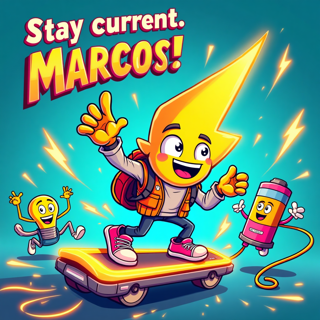 At the top of the Cartoon Style image, "Stay current, Marco!"

Playful cartoon scene in a bright, funny farewell mood: a grinning, anthropomorphic lightning bolt zooms forward on a neon hoverboard shaped like a power strip, wearing an oversized backpack and plug-shaped sneakers, giving a huge wave. Around them, goofy electric coworkers—smiling light bulb, friendly wall outlet, happy battery, and a tangled extension cord doing a clumsy thumbs-up—cheer and toss tiny lightning-bolt confetti. Exaggerated proportions, thick black outlines, saturated colors (electric blue, neon yellow, hot pink, cyan), and energetic, whimsical poses. Background: electric-blue to teal gradient with glowing zigzag lightning accents and starbursts; a sweeping power cord arcs through the composition with harmless cartoony zaps. Keep the top third clear for the caption; render the caption in bold, chunky, hand-drawn lettering with a white outline and subtle electric glow for punchy readability. Flat cel shading, crisp shapes, playful textures, and a big image-first composition. No other text.
Generated with these themes: Electric, and .
Made with ❤️ by AI.