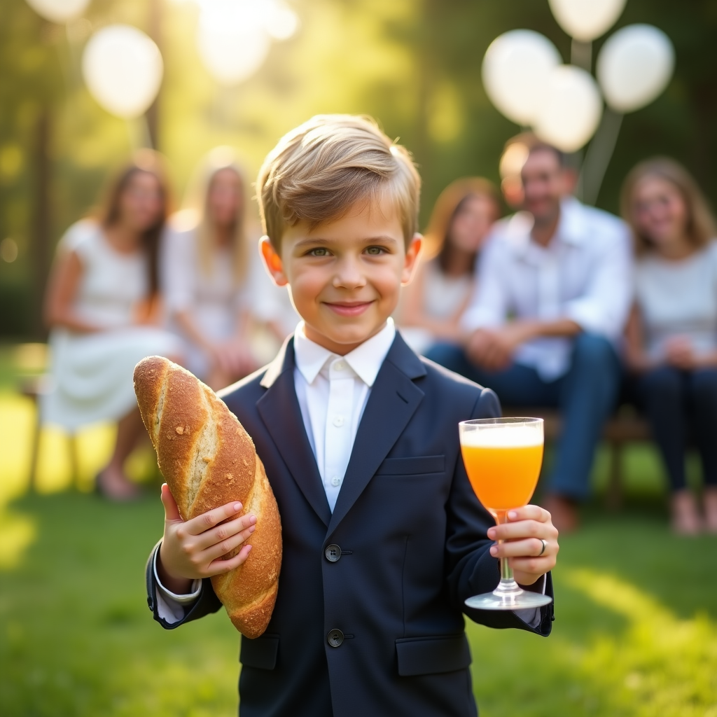 At the top of the realistic photograph image, "Way to go, First Holy Communion! You’re officially a bread-winner!"

A cute, heartwarming photograph of a young boy dressed in his crisp First Holy Communion outfit—white shirt, tiny navy blazer, and polished dress shoes—standing in a sunny garden holding a big loaf of artisan bread like a trophy. He has an adorable proud grin on his face, with soft dappled light filtering through the trees. In the background, soft-focus white balloons and family smiling with joy create a warm, celebratory atmosphere. His other hand holds a tiny chalice-shaped cup filled with juice, slightly oversized in his little grip, adding to the sweetness of the moment.
Generated with these themes: boy.
Made with ❤️ by AI.