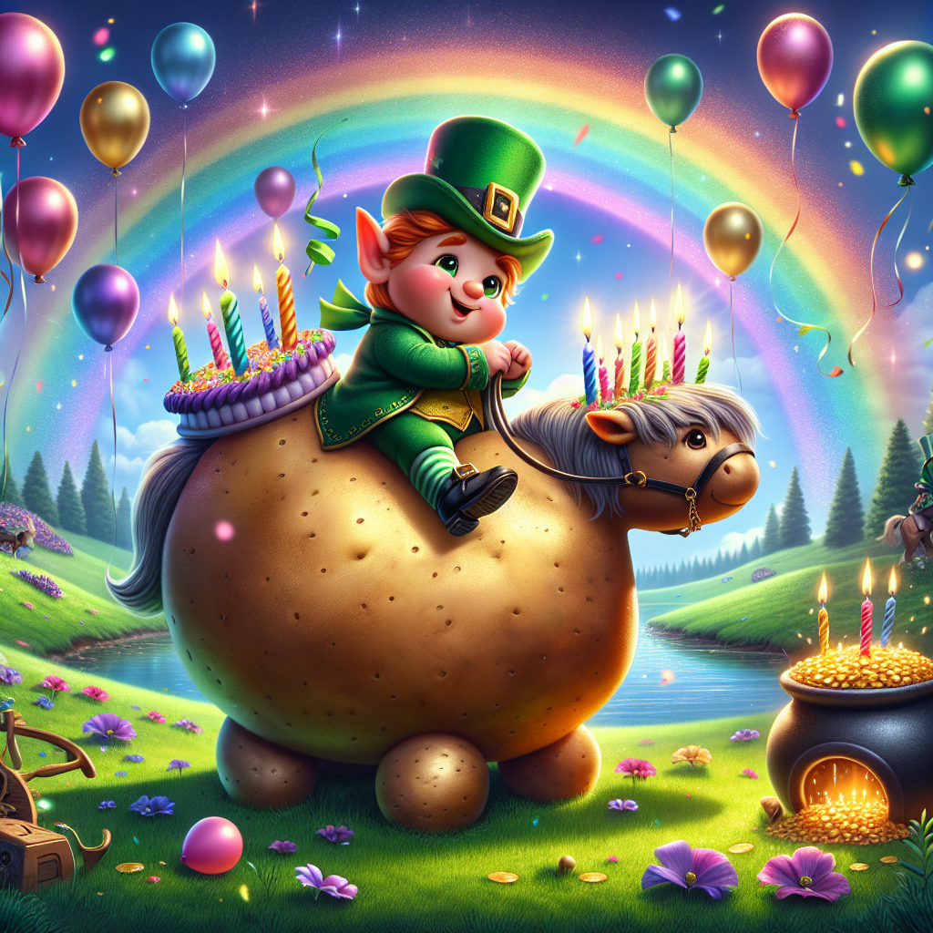 In this interesting scene set within an endearing birthday illustration, visualise a lush green meadow where a small, plump leprechaun, full of merriment, is seen riding an aggrandized potato as if it were a horse. All around them, multicolour balloons and streamers add to the festive atmosphere, as the leprechaun gracefully tips his charming small hat in a friendly greeting. In the backdrop, you can notice an upturned cheerful pot of gold acting as a unique holder for a birthday cake, placed strategically at the end of a brightly coloured rainbow. The twinkle of the candles on the cake can be likened to the sparkle of tiny stars, caught dappled in the gentle daylight.
Generated with these themes: Leprechaun, and Potato.
Made with ❤️ by AI.