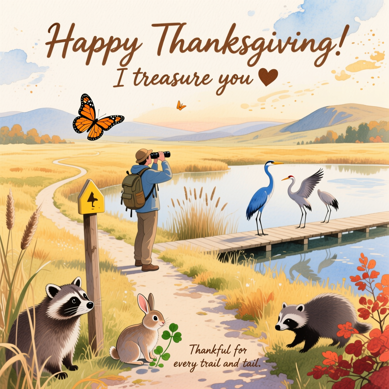 Hiking on the ice age national scenic trail, birdwatching, monarch butterflies, blue herons, sandhill cranes, raccoons, opossums, eastern cottontail rabbits, and Thank-you Card