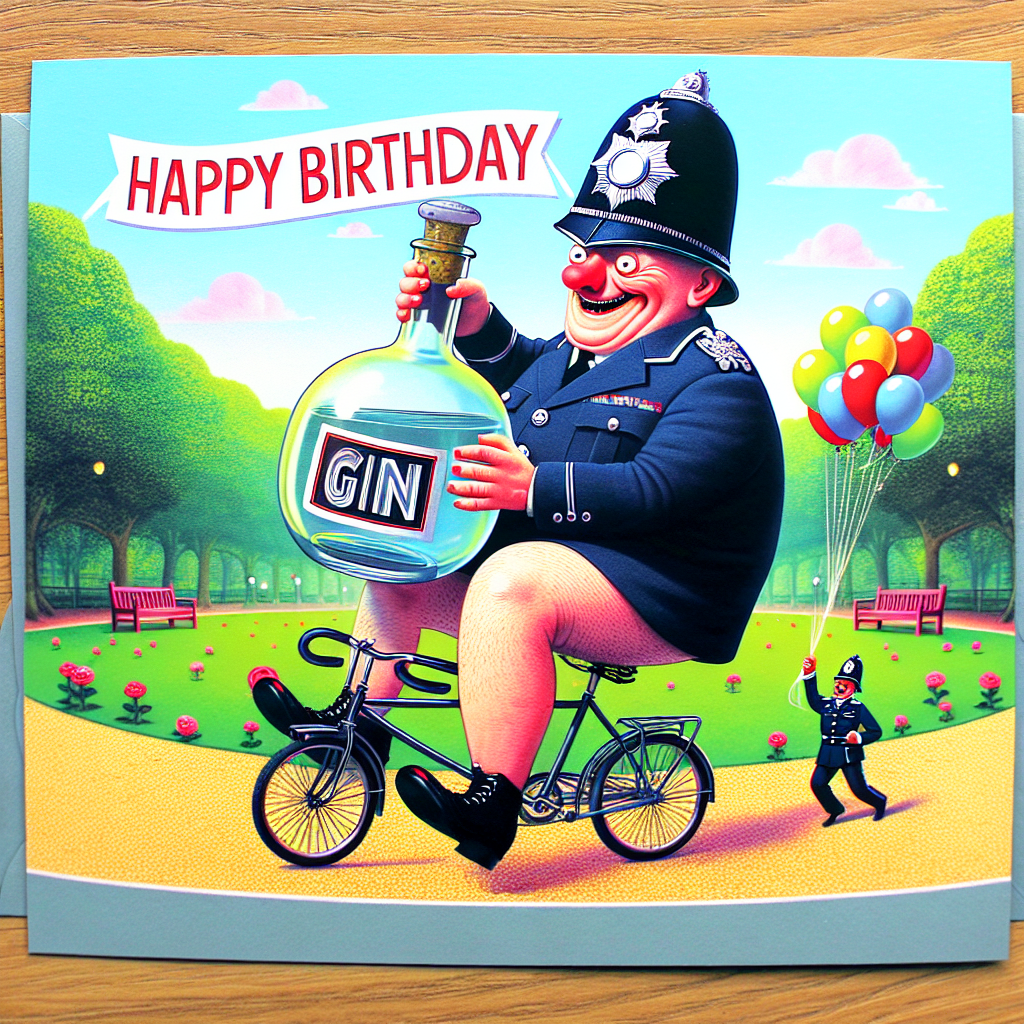 Design a birthday card featuring a quirky animated scene within a vibrant park. The image is dominated by a cheerful police officer, who is depicted with a hilariously oversized helmet, riding on a small bicycle. The officer's knees comically approach his chin with every theatrical pedal. In his grip, he holds a flask marked 'Gin', which produces balloons in the form of bubbles, contributing to the humor of the image. The entire scene is encapsulated within a banner that announces 'Happy Birthday,' implying that the card was designed to induce laughter.
Generated with these themes: Police , Cycling, and Gin.
Made with ❤️ by AI.