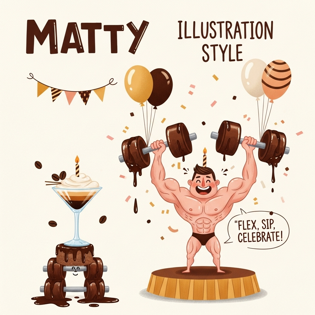At the top of the Illustration Style image, write in playful, bold hand-drawn lettering: **Matty**  

Create a cute hand-drawn illustration of a cheerful birthday scene: A cartoonish, strong but adorable bodybuilder character with exaggerated muscles, standing proudly on a birthday stage. Instead of lifting heavy weights, he is curling giant chocolate bars as dumbbells, with melted chocolate drips looking glossy and delicious. On the side, a tiny espresso martini glass balances on a stack of mini dumbbells, with frothy espresso foam and a couple of coffee beans as garnish. Around him are balloons and confetti in warm, festive colors (gold, chocolate brown, cream, and soft pink).  

Make the character expressive and funny—smiling with determination, but also cute and whimsical. Add small cheeky details, like a dumbbell-shaped birthday cake made of chocolate, and a little banner in the background that reads:  
**“Flex, Sip, Celebrate!”**  

The whole composition should feel cozy, celebratory, and charming, with fine textured brush strokes, warm tones, and a playful illustrative style perfect for a birthday greetings card.
Generated with these themes: Body building , Chocolate , Expreso Martin , and .
Made with ❤️ by AI.