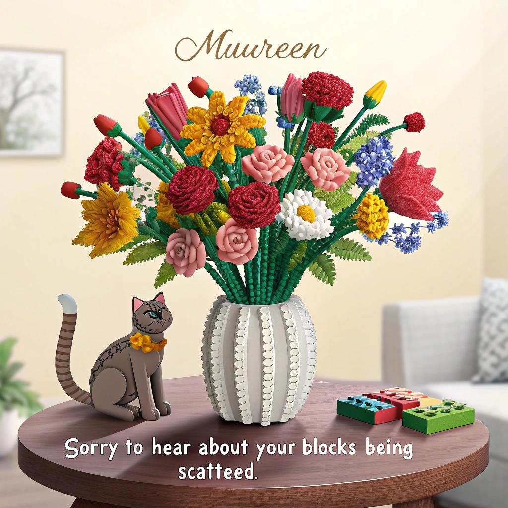 At the top of the image, "Maureen":
At the bottom, in smaller, equally elegant font, add "Sorry to hear about your blocks being scattered."

- In the center of the image, depict a bouquet made entirely out of Legos. The colorful Lego flowers should include roses, daisies, and tulips, all built with intricate brick detailing.

- Arrange the Lego bouquet in a stylish ceramic vase that stands proudly on a table.

- In the foreground, place a cat playfully pawing at one of the Lego flowers, causing a few pieces to dramatically scatter onto the tabletop.

- Capture the background as a cozy living room, with a plush sofa visible in soft focus. A knitted throw blanket drapes over one arm of the sofa, adding warmth to the setting.

- Include a sunny window in the room, with light pouring in, creating a cheerful atmosphere that contrasts humorously with the scene of scattered Lego chaos.

- Add a whimsical detail of a small bird peeking through the window, curiously eyeing the disarray.
Generated with these themes: Legos bouquet .
Made with ❤️ by AI.
