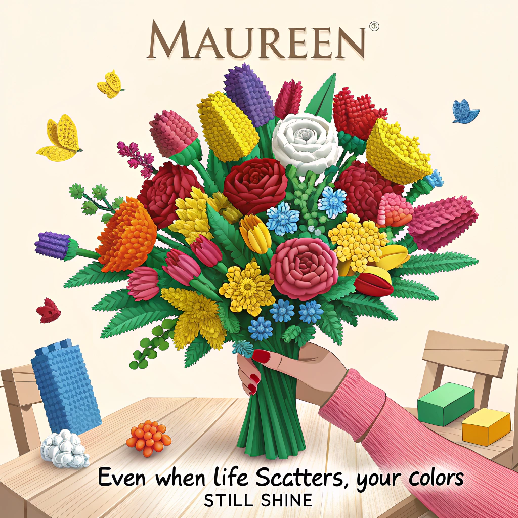At the top of the image, "Maureen":

At the bottom of the image, "Even when life scatters, your colors still shine."

- In the center of the image, illustrate a vibrant bouquet made entirely of Lego bricks. Each Lego flower should be meticulously crafted, with intricate details showcasing a variety of colors and shapes that mimic real flowers such as roses, tulips, and daisies.

- The bouquet should be held by a pair of realistic-looking hands emerging from a light wooden table, as if someone is presenting it to the viewer.

- Scattered across the table are individual Lego bricks in various colors, creating the appearance of a creative and playful mess.

- In the background, include a blurred image of a room with a large window, through which gentle sunlight filters, casting soft reflections on the Lego bricks.

- On one side of the table, place a white card with a simple heart drawn on it, subtly hinting at the message of sympathy and care.
Generated with these themes: Legos bouquet .
Made with ❤️ by AI.