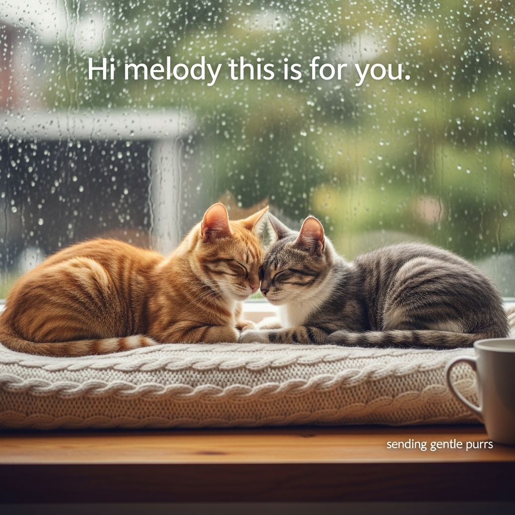 At the top of the Photorealistic picture taken from a camera image, Hi melody this is for you

Ultra-high-definition 4K UHD, photorealistic indoor scene in a cozy window nook during a light rain. Two cats—the first a warm ginger tabby, the second a soft gray-and-white shorthair—are cuddled close on a cream cable-knit throw, foreheads gently touching, paws tucked, tails curled together. Their eyes are softly closed, whiskers crisp, plush fur textures detailed and lifelike. Natural diffused daylight filters through a rain-dappled window behind them, with delicate bokeh from the raindrops and a softly blurred garden beyond. Warm, comforting color palette of creams, dove gray, and muted greens; clean, uncluttered setting with a wooden sill and a single, out-of-focus ceramic mug for warmth. Composition leaves generous airy negative space above the cats for the top text. Shot on a full-frame camera, 85mm lens at f/1.8, ISO 200; shallow depth of field, accurate lighting, rich depth and realistic textures.

Typography:
- Top text placement: centered near the top, soft white small-caps serif, light weight, gentle letterspacing, a faint shadow for legibility: Hi melody this is for you
- Small caption to enhance the image: at the lower-right in a subtle gray italic, one short line: sending gentle purrs

Mood: cute, tender, and comforting; real-life softness with a serene, sympathetic feel.
Generated with these themes: They have cats, and .
Made with ❤️ by AI.