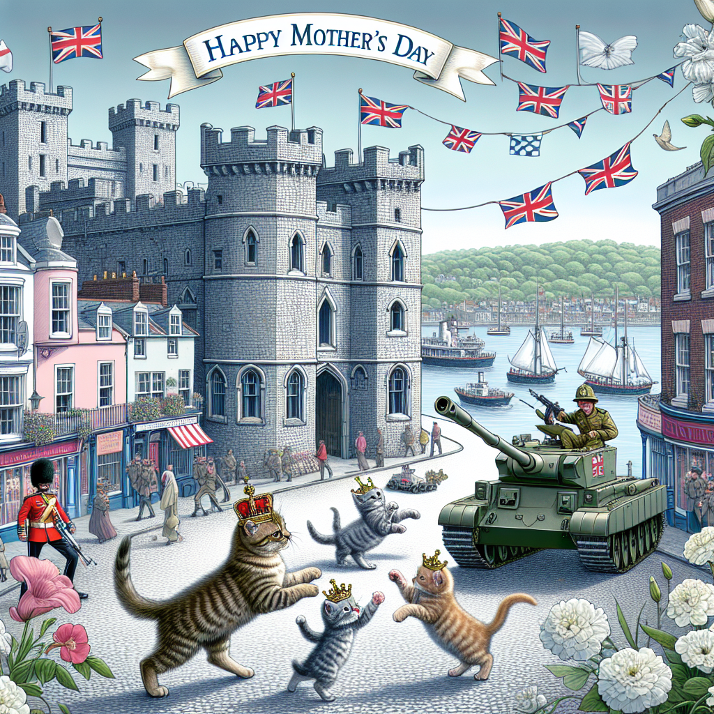 Witness a heartwarming Mother's Day scene on the quaint cobblestone streets of a charming port city, reminiscent of Portsmouth. A group of playful kittens, each wearing a small crown, romp around a grand castle that majestically overlooks the bustling city. The castle pays tribute to the symbolism of powerful monarchies. Fluttering flags, emblazoned with a design similar to the Union Jack, add celebratory elements to the battlements. Illustrations of generic military tanks and soldiers, donned in ceremonial attire, are poised protectively, reinforcing the motif of strength and care associated with motherhood.
Generated with these themes: Cats, Portsmouth, British monarchy , Military, and Castle.
Made with ❤️ by AI.