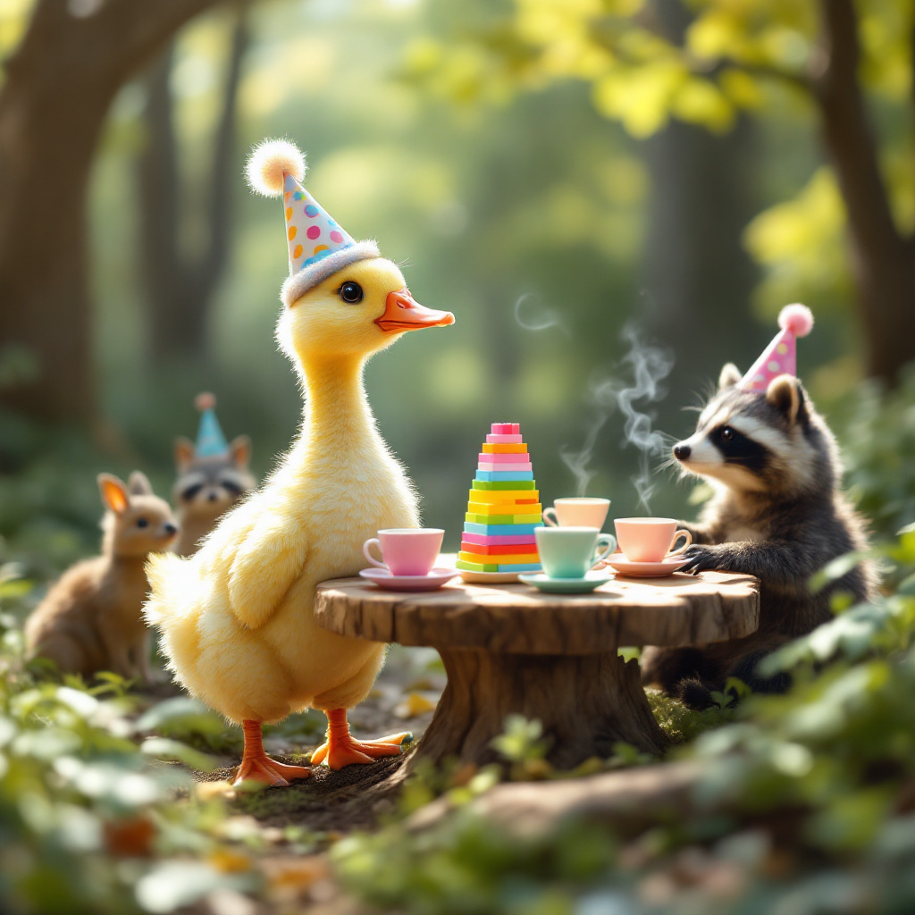 In a charming woodland glade dappled with soft sunlight, a silly baby goose takes center stage, proudly wearing a pair of polka-dotted trousers that are slightly too large and comically bunched around its tiny feet. Atop its head is a small, brightly colored party hat tilted at a jaunty angle, adorned with a fluffy pom-pom that bounces as the goose moves. Surrounding this whimsical character is a delightful tea party tableau. A circular wooden table, seemingly crafted from a fallen tree stump, is set with an array of mismatched, yet charming teacups and saucers. Each cup is filled with a different shade of pastel-colored tea, steam softly curling above them. 

Seated around the table are a gathering of woodland creatures, each wearing their own uniquely designed party hat. A mischievous raccoon is clad in a miniature fedora-styled party hat, its bandit eyes fixed intently on a tower of rainbow Lego blocks that is carefully constructed at the table's edge, as if he's contemplating a playful heist. Beside him, a shy hedgehog in a pointy, cone-shaped hat is attempting to sip tea from a particularly large cup, its tiny paws barely able to lift it.

At the center of the table, stealing the spotlight, is a whimsical birthday cake that defies gravity. It is a multi-layered confection, whimsically skewed, each tier sporting a different color and pattern — from stripes to polka dots to checkered squares. It is topped with a small, sculpted sugar goose, mirroring the star of the party, and is surrounded by edible flowers. A gentle deer, with a garland of wildflowers around its neck and a party hat made from birch bark, peers curiously over the table, its large eyes reflecting the joy of the celebration.

In the background, towering trees frame the scene, their branches festooned with streamers made from twisted vines and leaves, casting a whimsical shade over the festivities. Small birds flit between the branches, each wearing tiny paper hats as if they've joined in the revelry from above. The scene is completed with an array of colorful wildflowers carpeting the forest floor, a symphony of color enhancing the joyous occasion.
Generated with these themes: A silly baby goose wearing trousers and a party hat surrounded by other woodland creatures wearing party hats at a Tea party with a birthday cake, Raccoon, Lego, and Birthday cake.
Made with ❤️ by AI.