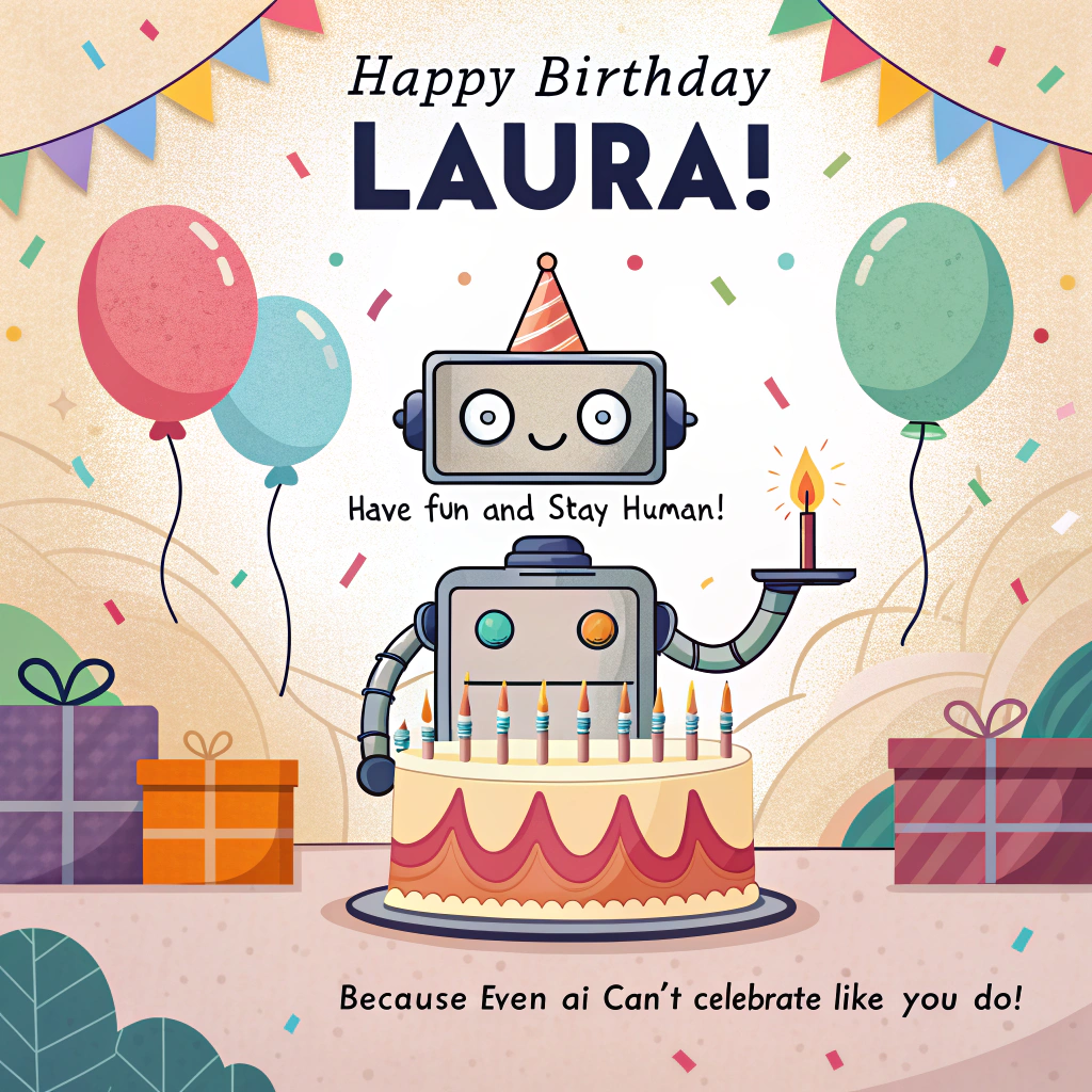 At the top of the image, "Happy Birthday Laura. Have fun and stay human!"

At the bottom of the image, "Because even AI can't celebrate like you do!"

- In the center of the image, create a pixel art scene with a quirky, retro robot trying to blow out birthday candles on a cake. The robot has a comically confused expression as its digital eyes focus on the stubborn flames, and the background features festive party decorations, such as balloons and streamers, all in vibrant 8-bit colors.
Generated with these themes: AI, and .
Made with ❤️ by AI.