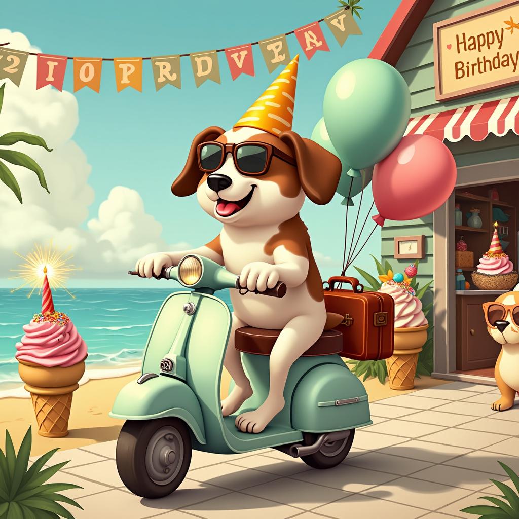 The scene unfolds at a quaint cartoon ice cream shop by the seaside where a birthday party is taking place. The central figure is a jubilant dog with a splotchy brown and white coat, wearing a party hat and sunglasses, riding a pastel-colored scooter that trails balloons. The dog has a small travel suitcase strapped to the back of the scooter. In front of the shop, there’s an oversized, colorful bowl of ice cream with a sparkler-style candle on top. Traveling-themed decorations adorn the scene—including postcard-style banners, tiny airplane-shaped sprinkles on the ice cream, and a sun with sunglasses in the background that seems to be setting over a picturesque, wavy ocean. A sandy beach leads up to the tiled floor of the ice shop, where other cartoon animals are gathered, some holding waffle cones with a ball of birthday cake-flavored ice cream.
Generated with these themes: Traveling, Ice cream, and Dog.
Made with ❤️ by AI.