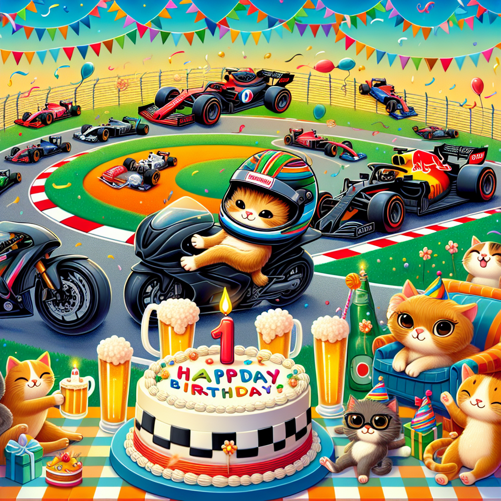 F1, Cats, Beer, Motorcycle, and Fast cars Birthday Card