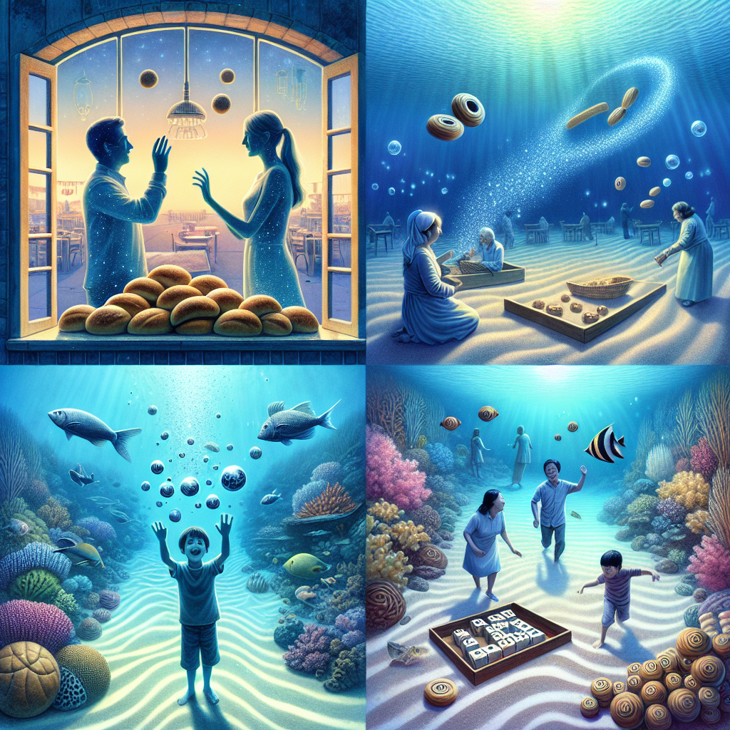 Create a surreal illustration that represents Mother's Day. The image should present an ethereal underwater bakery with bread floating in the gentle sea currents. Through a windowpane, the silhouettes of Hispanic and Caucasian individuals are seen communicating via sign language. The aquatic light captures their expressions. Nearby, illuminate a sandy seabed hosting a petanque game with orbs that glow softly upon collision. Picture a coral reef where a game of mah jong is taking place, with fish swirling around self-shuffling tiles. Farther away, resonate echoes of laughter as a five-year-old Asian boy playfully chases glowing aquatic creatures, symbolizing innocence and joy in this celebration.
Generated with these themes: Baking bread, Interpreting, People, Sea, Petanque, Mah jong, and Her grandson who is 5.
Made with ❤️ by AI.