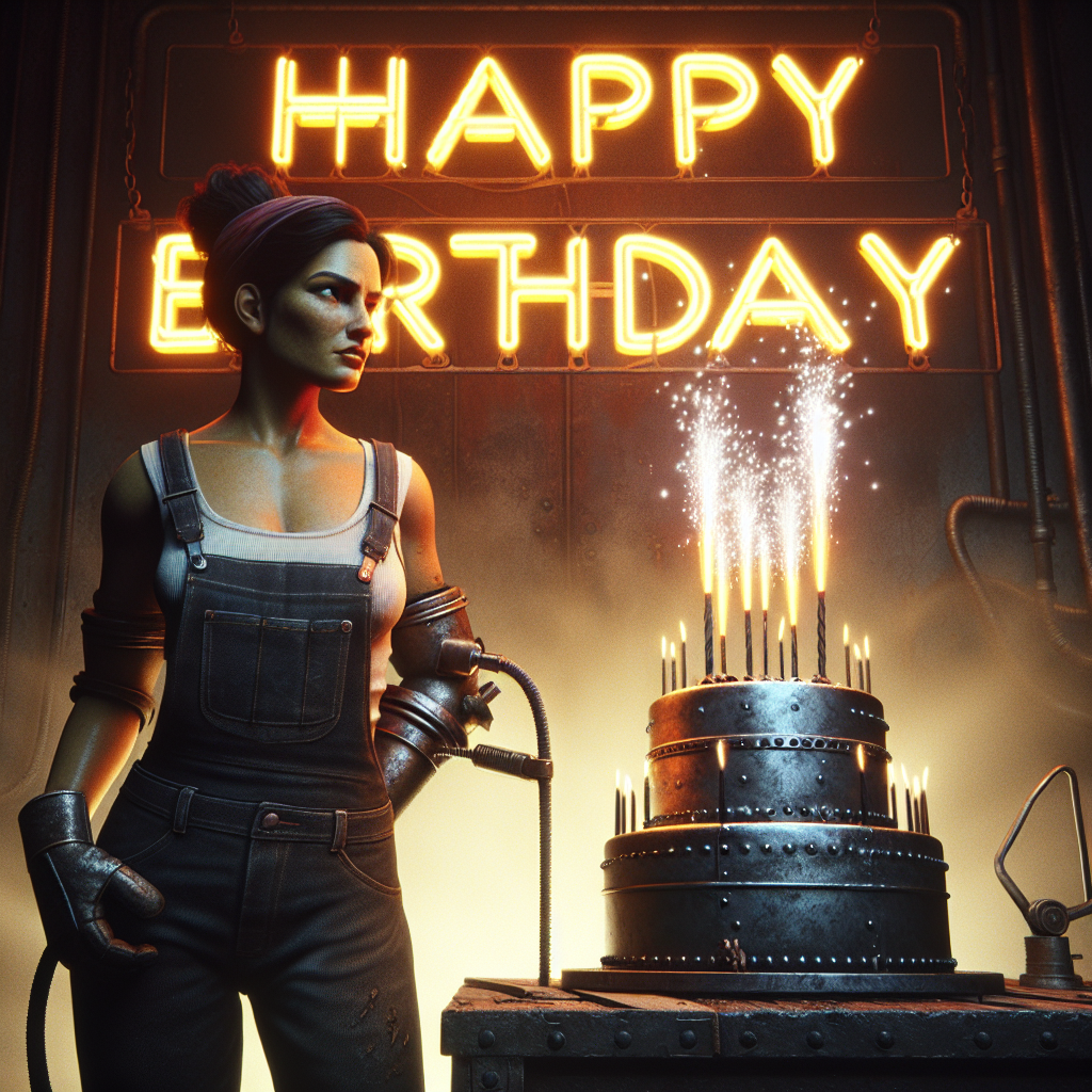 Tough woman welder in front of a metal birthday cake with happy birthday neon sign, Tough woman welder in front of a metal birthday cake with happy birthday neon sign, and Tough woman welder in front of a metal birthday cake with happy birthday neon sign Birthday Card