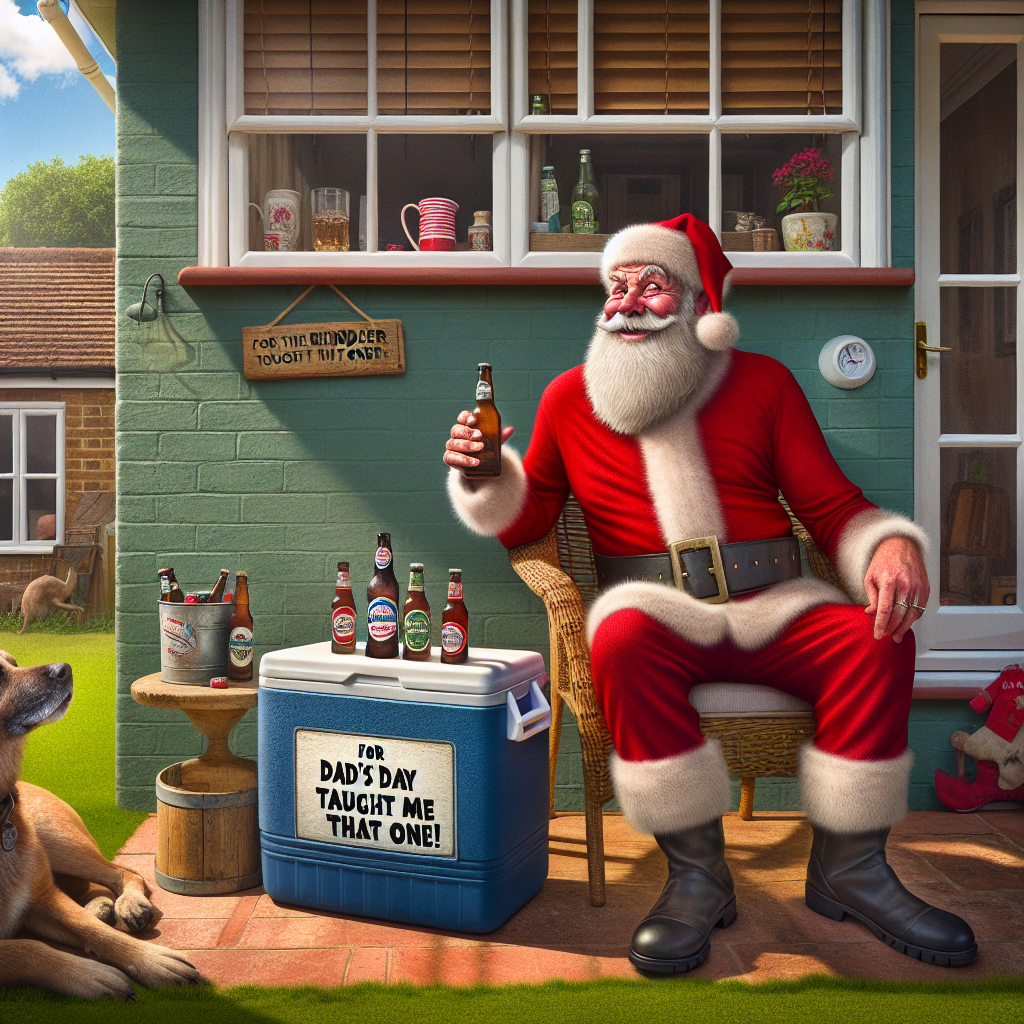 Imagine a domestic setting bathed in the warmth of the midday sun. A porch adorned with a cooler bearing the label 'For Dad's Day Cheers.' On that porch, an affable man, not unlike the iconic persona of Father Christmas, sits comfortably. His suit, awash in a rich shade of crimson, carries an embroidered name tag reading 'Daddy Claus.' He purposefully places an array of different beers next to the cooler. This jovial character lets out a sudden, festive 'pfffft,' his eyes reflecting humour and merriment. In response, he says 'Guess the reindeer taught me that one!' A quirky dog lounges on the green lawn nearby, raising its eyebrow, responding, in its canine way, to the unusual sound.
Generated with these themes: Daddy Claus, who looks like Father Christmas but is 'daddy-fied' and appears on Fathers Day, is delivering beer to a house , and Daddy Claus visibly farts and says something funny about it, and "Daddy Claus" is written somewhere on his clothes or belongings .
Made with ❤️ by AI.