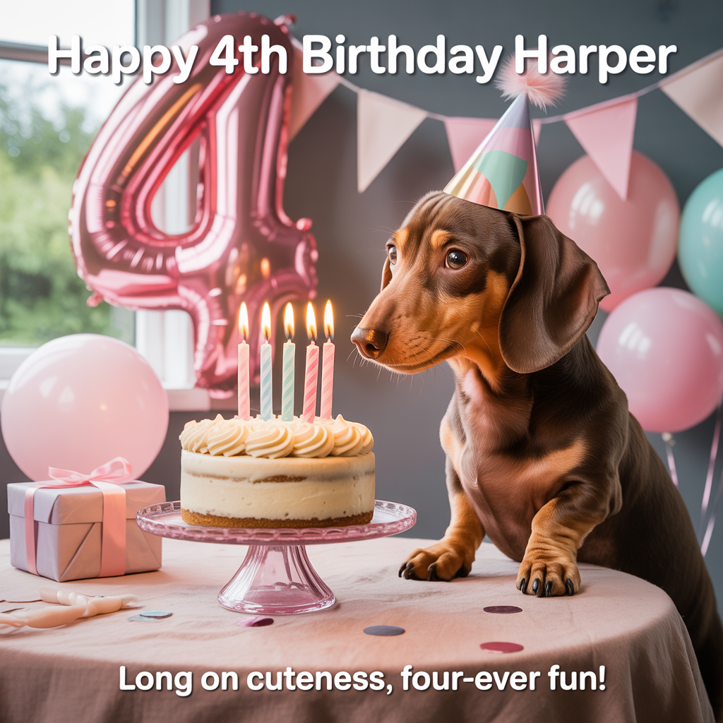Pink, dachshund, birthday decorations 4 birthday candles on cake, and Birthday Card