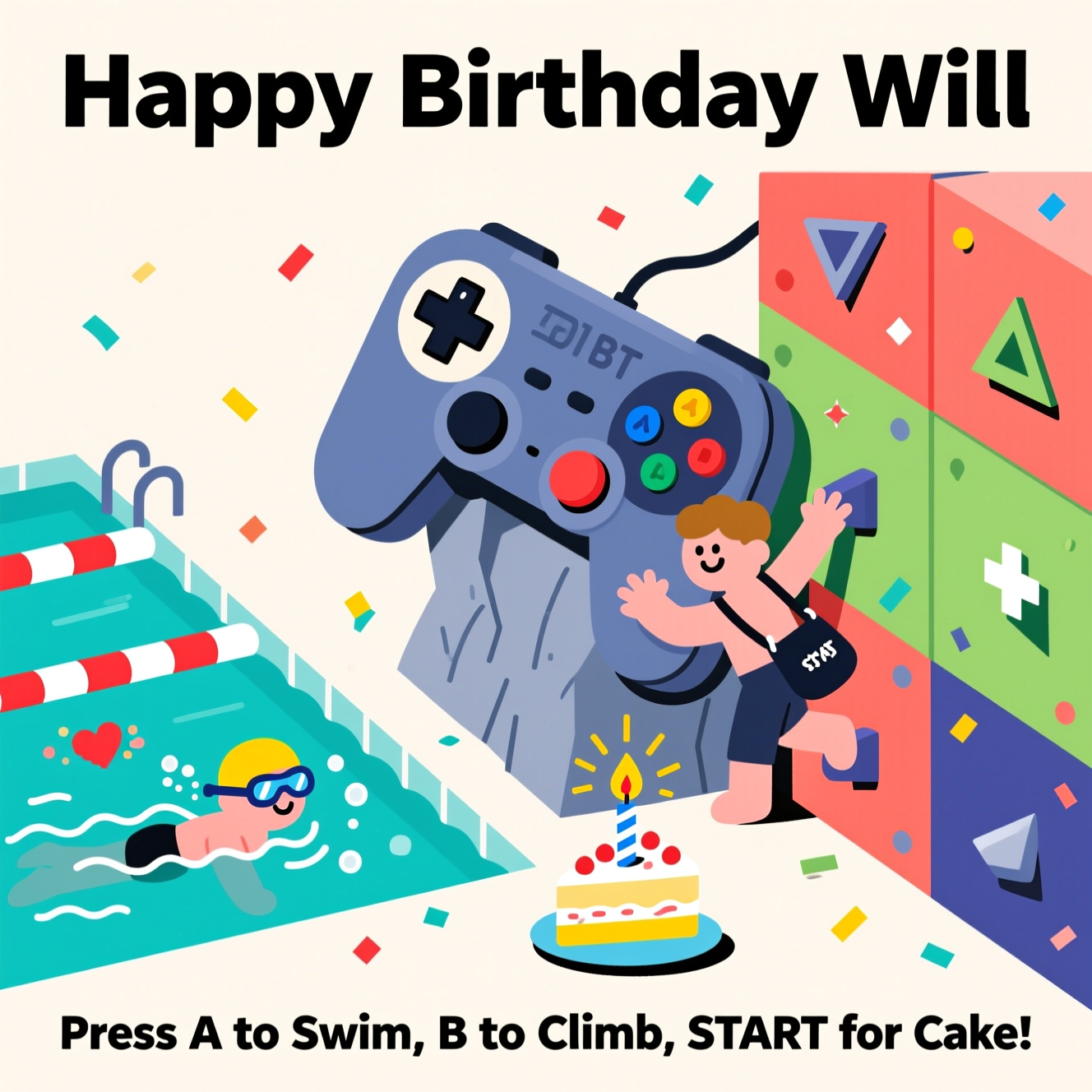 At the top of the Vector Style image, "Happy Birthday Will"

At the bottom of the image, "Press A to Swim, B to Climb, START for Cake!"

- Create a clean flat-vector, portrait composition that mashes up swimming, climbing, and gaming in one playful scene.
- Centerpiece: a large retro game controller tilted diagonally like a cliff face. The A/B buttons and D-pad double as chunky climbing holds. A simple, cheerful vector character scales the controller, reaching toward a tiny slice of birthday cake with a single candle perched where the START button would be.
- Left side: a top-down turquoise swimming pool shaped like a D-pad, with bold red-and-white lane floats. A swimmer in a bright cap and goggles does freestyle, with small pixel-heart bubbles rising.
- Right side: geometric bouldering wall panels in vibrant coral, lime, and indigo, with holds subtly shaped like game icons (triangles, circles, plus signs). A chalk bag silhouette clipped to the climber’s harness adds a cheeky touch.
- Add confetti sprinkles and crisp vector sparkles around the scene for a celebratory feel. Keep backgrounds clean (off-white or very light) with generous negative space so the text pops.
- Style: flat shapes, solid color blocks, crisp outlines, minimal or no gradients, tidy long shadows if desired. No textures.
- Color palette: aqua/teal water, coral/red accents for holds and buttons, deep indigo for outlines, lemon yellow for candle flame and celebratory sparks, pops of lime for energy.
- Typography: bold, modern sans-serif; the top line large and high-contrast; the bottom line playful and slightly smaller. Ensure both lines are centered and clearly legible against the clean background.
Generated with these themes: Swimming, climbing, gaming, and .
Made with ❤️ by AI.