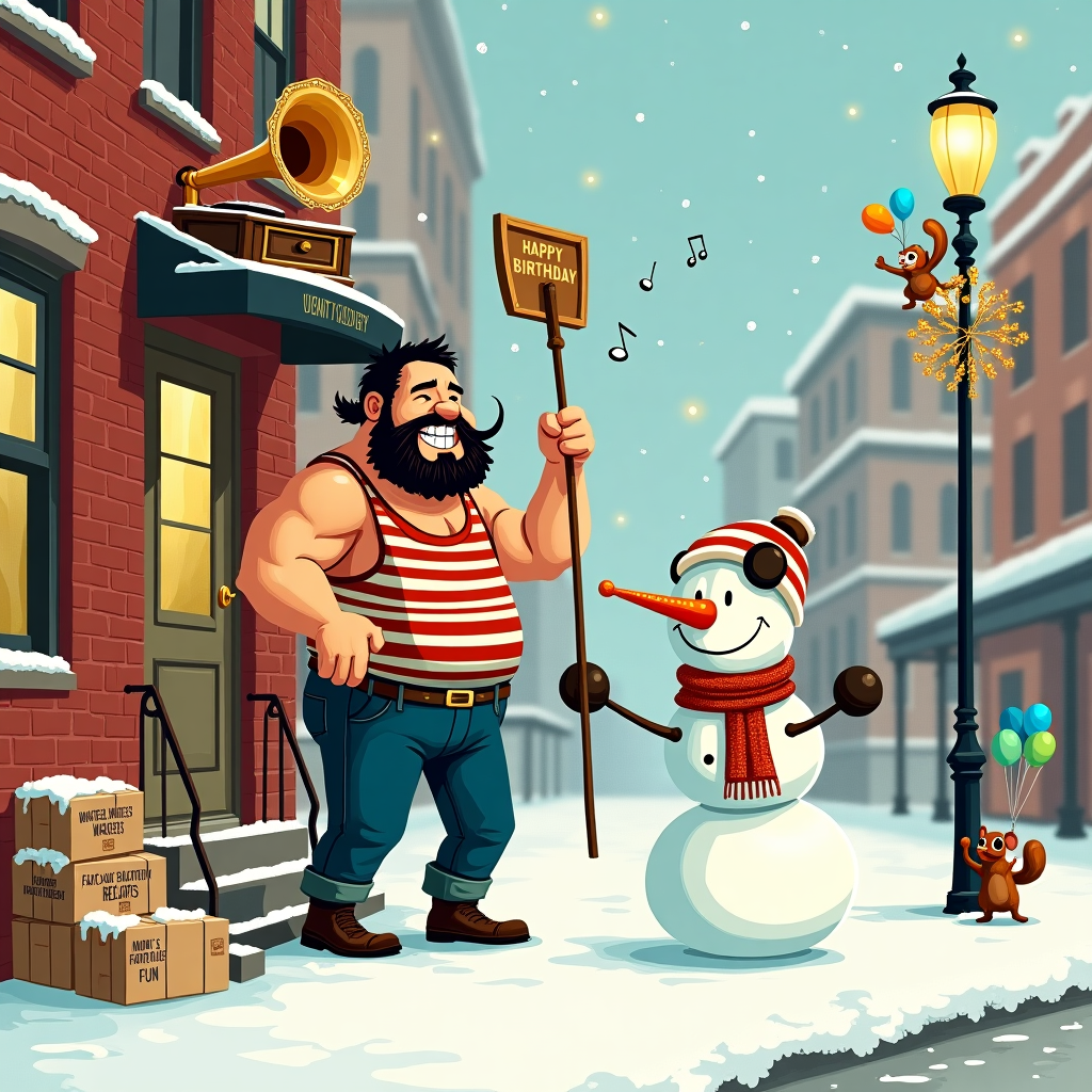 Strong man, Winter, and New flat Birthday Card