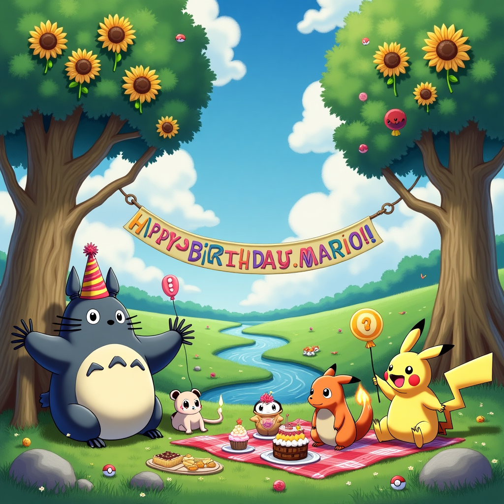 In this whimsical birthday scene, we find ourselves in a fantastical meadow, inspired by the lush, enchanting landscapes of Miyazaki's films. The scene is filled with playful nods to both Ghibli and Pokemon. On the left, Totoro, wearing a cheerful party hat, sits comfortably beneath a large, ancient tree, its roots forming natural benches for a gathering of woodland critters, including soot sprites with tiny balloons. On the right, Pikachu is holding a slice of birthday cake with one hand while the other hand sparks with a celebratory "Thunderbolt" that spells out "Happy Birthday, Mario!" in the sky, cleverly using the lightning bolts as stylized letters.

Above, a sky filled with fluffy clouds features Haku from "Spirited Away" flying by, with No-Face joyfully hanging on to his tail like a kite. The clouds themselves are shaped like whimsical Pokemon such as Jigglypuff and Ghibli characters like Catbus, subtly peeking out from their fluffy forms. In the center of the scene, there's a picnic blanket spread out, featuring a delightful spread of Ghibli-themed foods, like onigiri and Pokemon-themed cupcakes decorated as Pokeballs.

Nearby, Chihiro is engaged in a playful conversation with a Charmander, whose tail flame brightens the area with a warm, cozy glow. Behind them, in the background, a winding stream flows, with Ponyo and her siblings joyfully splashing about. Hanging between two trees, a colorful banner stretches across the scene, displaying "Happy Birthday, Mario!" in bold, celebratory letters, adding the perfect personal touch to this imaginative gathering. The entire scene is framed by towering sunflowers that nod to the whimsical artwork of Winsor McCay, lending a dreamlike quality to this vibrant celebration.
Generated with these themes: Miyazaki , Ghibli , and Pokemon .
Made with ❤️ by AI.