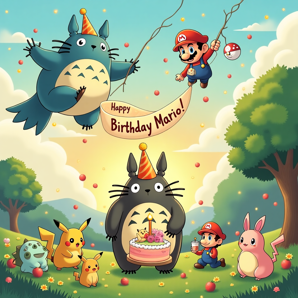 In the whimsical world of our birthday greeting card, an enchanting fusion of Miyazaki, Ghibli, and Pokémon comes to life. At the center, Totoro stands joyfully with a birthday hat perched atop his fuzzy head, holding an oversized cake adorned with a Pikachu figurine and a candle shaped like a Poké Ball. Surrounding Totoro, the forest spirits from "Princess Mononoke" dance merrily with Bulbasaur and Eevee, their tiny feet tapping in rhythm on the vibrant, grassy meadow. Spirited Away’s No-Face sits nearby, giggling as it sips on a bubble tea, the bubbles floating whimsically around.

Above this merry gathering, the sky is a vibrant pastel canvas reminiscent of a Ghibli sunset. A majestic Lapras gracefully swims through the air, pulling a banner of fluffy clouds with its tail. The banner spells out "Happy Birthday Mario!" in whimsical, spiraling letters that seem to dance in the breeze. Castle in the Sky’s Laputa floats in the distance, tethered to the ground by vines, and tiny soot sprites scatter around the scene, playfully bouncing off the characters.

Nearby, Ash Ketchum, drawn with a touch of Schulz’s simplicity, is engaged in a lively conversation with Nausicaä, who offers him a bouquet of brightly colored Pokémon berries. In the corner, tucked amidst the friendly chaos, a tiny Snorlax naps under a shaded tree, its belly rising and falling peacefully, while Jigglypuff sings a sweet tune that fills the air. This delightful, detailed scene captures the essence of each theme, intricately woven together to celebrate Mario’s special day in a fantastical world where every character and element is playfully animated with affection and joy.
Generated with these themes: Miyazaki , Ghibli , and Pokemon .
Made with ❤️ by AI.