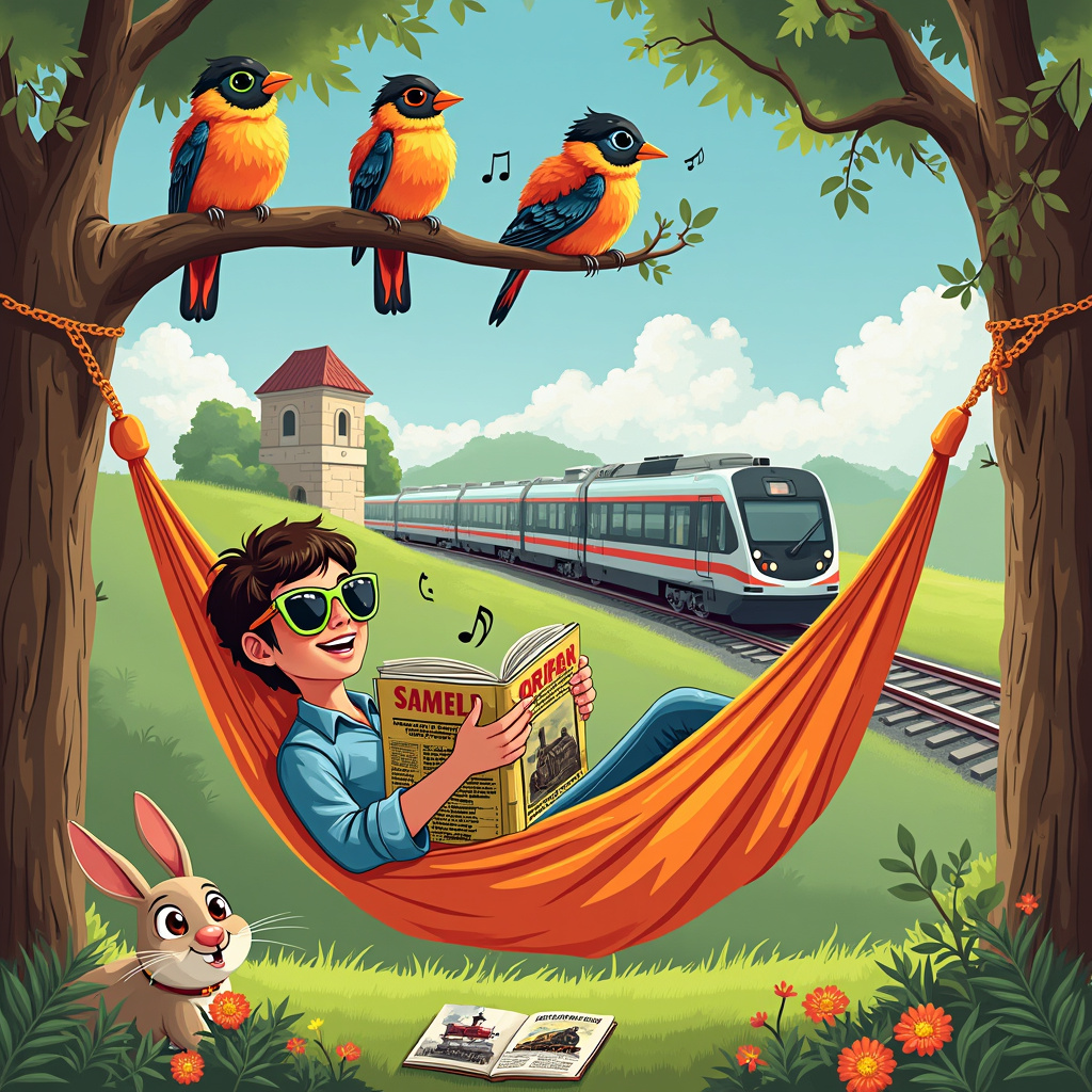 Lazy day, Bold friend, Hammock, East germany, Trains , Singing birds, Sunglasses, Magazine on the ground, and Rabbit Thank-you Card