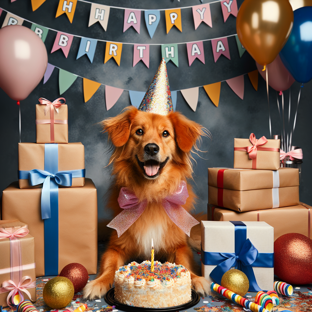 Generate an image of a joyful birthday setting where a lovable ginger-colored Romanian rescue dog, with a playful demeanor, sits at the center amidst the abundance of party accessories including party hats and wrapped presents. The dog's vibrant coat stands in stark contrast against a birthday cake in the background with a single lit candle. The scene invites viewers into a festive celebration.
Generated with these themes: Ginger Romanian rescue dog.
Made with ❤️ by AI.
