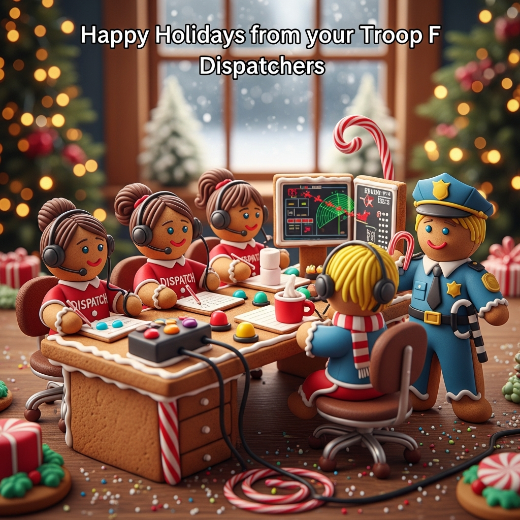 Gingerbread cookie dispatchers with 3 brunette gingerbread girls and 1 blonde gingerbread boy one gingerbread policeman, and Christmas Card