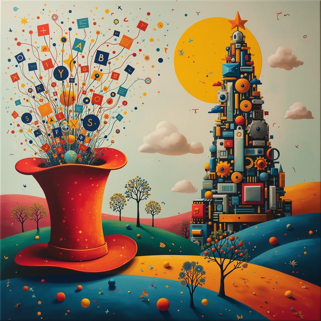 In the center of the birthday card is a vibrant, abstract landscape that draws inspiration from Kandinsky's swirling shapes and bright colors. At the forefront stands a whimsical red top hat, crafted from geometric patterns that remind one of Mondrian's grid lines, interwoven with small, colorful squares and rectangles. From the inside of the hat, a cascade of numbers and algorithms spills out like confetti, rendered in Pollock's iconic splatters to symbolize data and AI. This animated scene features a series of interconnected gears and circuits, inspired by De Kooning's energetic brushstrokes, forming a bridge that connects the hat to a towering cake in the background. The cake itself is adorned with tiny, delicate icons representing dollar signs, invoices, and tax forms, hinting at themes of revenue management and billing. Above the cake, in a dreamy Rothko-esque gradient sky, float clouds shaped like barcodes and invoices, with the playful inscription "Happy Birthday Order to Revenue" written in bold, Twombly-like script across the largest cloud. At the bottom of this enchanting scene, abstract mechanical trees with leaves resembling computer chips stretch out, their roots intertwined like Agnes Martin's delicate lines, symbolizing the technological foundations of the portrayed themes. The overall composition is framed by soft, blurred edges that evoke a sense of dreaminess, reminiscent of Richter's work, giving the scene a cohesive quality that invites reflection.

Generated with these themes: Red Hat, Data, AI, Revenue, Order Management, Billing, Tax, and Technology.  
Made with ❤️ by AI.