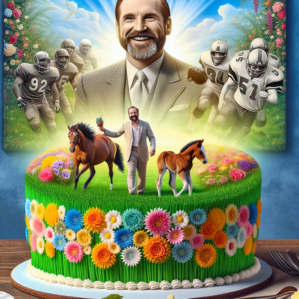 Create an image with a heartwarming birthday ambiance. In the center, visualize a lavishly decorated cake adorned with intricate icing flowers. Replace the picture of a smiley male with the same charisma as a renowned performer, and an add a painting of a skilled football player in his prime, omitting specific personalities. In the foreground, a meticulously detailed horse and foal graze on the fondant grass that lines the cake's base, symbolizing new beginnings and growth associated with birthdays. The background is filled with a colorful assortment of actual flowers, radiating a sense of life and joy. Overhead, a clear blue sky creates an optimistic atmosphere, setting the perfect mood for a birthday celebration.
Generated with these themes: Tom Jones, George Best, Horse and foal, Flowers, and Nice day.
Made with ❤️ by AI.