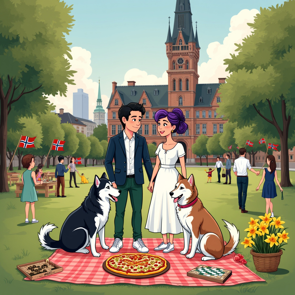 Black and white female Malamute with fluffy tail, Brown and white female Malamute with fluffy tail, Copenhagen , Dark haired groom with glasses, wearing dark green trousers , white shirt and dark blue jacket , Purple haired bride, with her hair up. Wearing short length white dress with short sleeves and white trainers. , Fredriksberg Town Hall  , Heart shaped Pizza , Board games , Danish flag , Daffodils , and Family Wedding Card