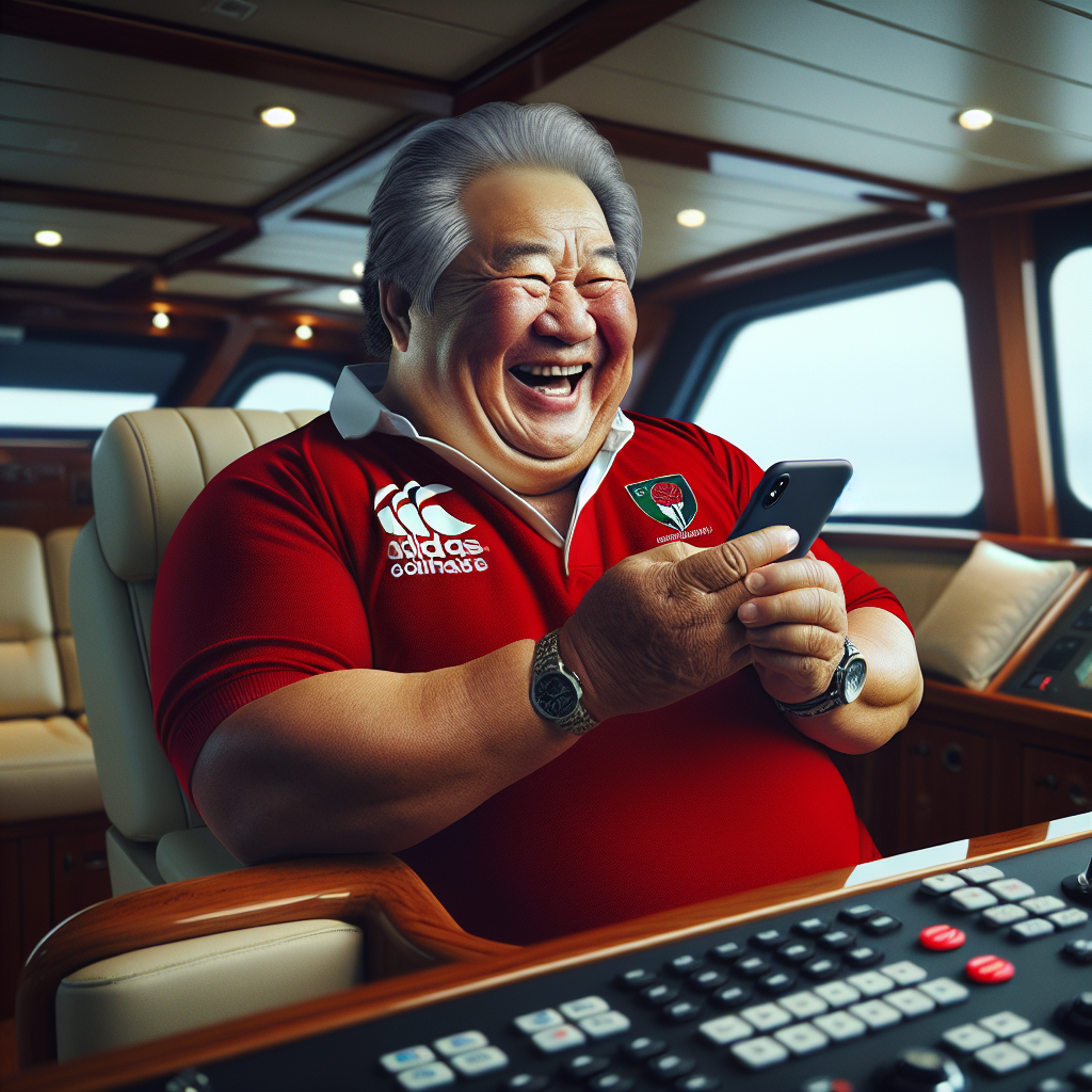 Smooth skin 60 year old fat man wearing a red Wales rugby shirt driving his luxury yacht and looking at his mobile phone Birthday Card