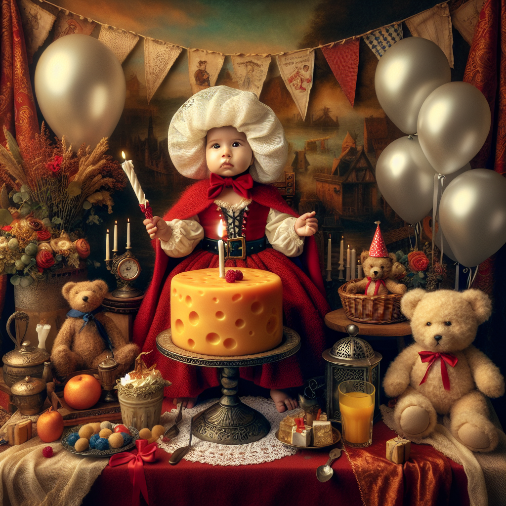The second iteration of the birthday, framed in a theme of a captivating 17th-century folklore story, showcases an alluring scene featuring a baby dressed as a character from a historical novel, manifested in a red cloak and white cap. The baby is seated at a table strewn with festive trimmings. Positioned in front of the baby is a birthday cake designed to resemble a wheel of cheese, garnished with a petite candle. Complementing the scene, teddy bears styled after domestic help from the same era clutch balloons and presents, infusing an element of delight into the festivities.
Generated with these themes: Baby, Cheese, and Handmaid's tale.
Made with ❤️ by AI.