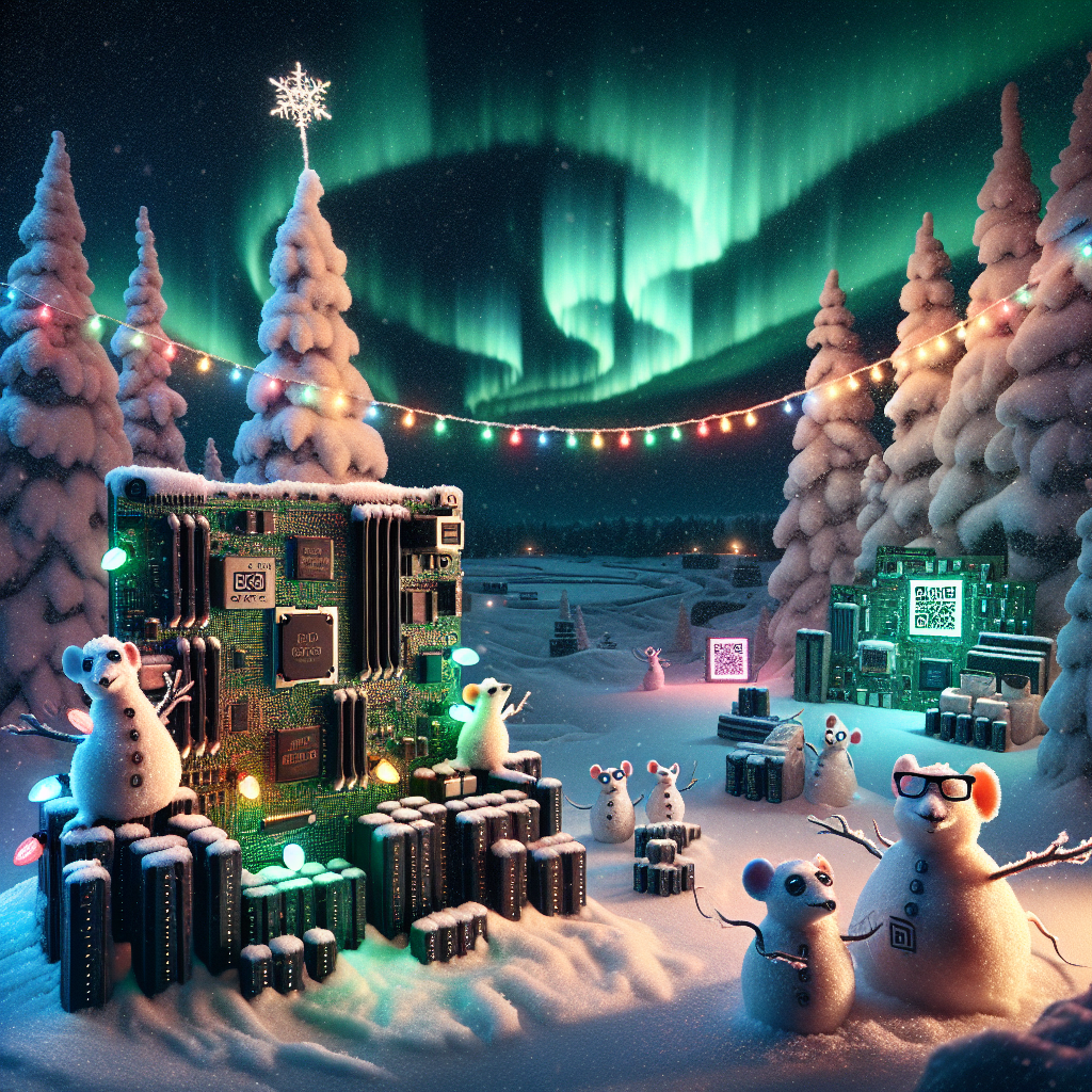 A winter landscape where the Northern Lights glimmer across the sky in binary code, blending the natural with the digital. Below, computer mice scurry around a motherboard, which serves as the village square, decorated with colorful resistor light strings and capacitor ornaments. Geeky snowmen wear glasses, each with a unique QR code on their snowy chests. Pixelated snow gently falls, and amidst this scene, a banner drapes across two data towers, clearly stating 'DTE wishes you a pleasant Christmas' in a crisp, sans-serif font.
Generated with these themes: work computer nerds frakies.
Made with ❤️ by AI.
