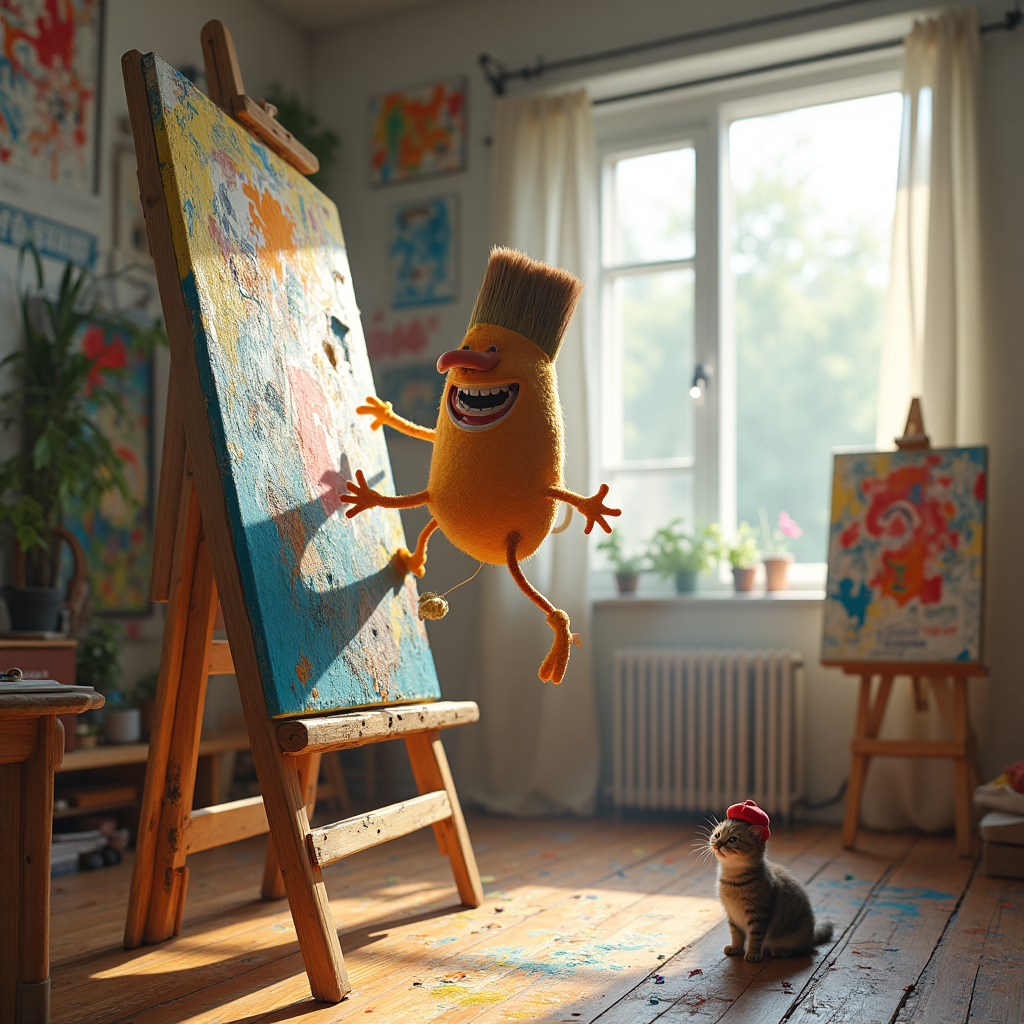 At the bottom of the Photorealistic picture taken from a camera image, add the text: "I pick art up and I hang it up"

**Image Description:**

A humorous and vibrant scene unfolds in an artist's studio. The focal point is an anthropomorphic paintbrush with a quirky smile, balancing on the tip of a ladder. The paintbrush is engaged in the comical act of hanging a large, abstract painting onto a wall that's already crowded with eclectic artworks. Each painting is in different styles—cubism, surrealism, impressionism—bringing a chaotic yet artistic charm to the scene. 

The studio is bathed in natural light streaming through a large window, highlighting the varied textures of canvas, wood, and the glossy bristles of the paintbrush. Splashes of color are scattered across the wooden floor and the artist's easel, adding to the lively and creative ambiance. 

In the background, a couple of easels are topped with unfinished canvases, hinting at ongoing projects. A cat, wearing a tiny beret, observes the paintbrush's antics with a curious tilt of its head. 

The entire scene is captured with ultra-high-definition clarity, bringing to life the textures of the paint, the wood grains, and the playful expressions of the characters, ensuring a light-hearted and artistic celebration of creativity.
Generated with these themes: Art, Paiting, Art, and .
Made with ❤️ by AI.