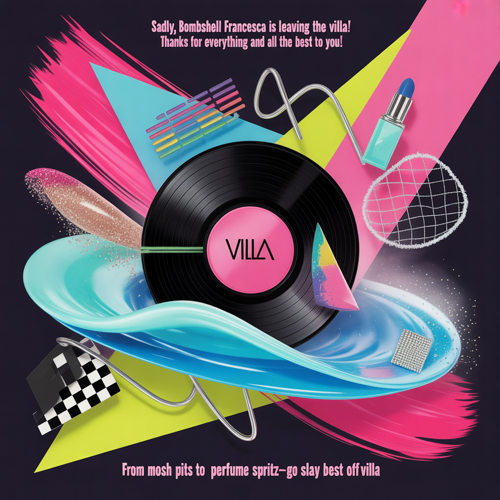 At the top of the Abstract Style image, "Sadly, Bombshell Francesca is leaving the Villa!  Thanks for everything and all the best to you!"

At the bottom of the image, "From mosh pits to perfume spritz—go slay off-villa!"

Portrait composition in a bold abstract style: explosive geometric stage-spotlight triangles in neon magenta, cyan, and acid yellow converging toward a central swirling “heart-island” made from layered vinyl-record circles and fluid sea-wave curves. Dynamic brush-stroke textures sweep like dramatic eyeliner wings and lipstick smears, with translucent perfume-mist plumes drifting as soft gradients dotted with glitter flecks. Include jagged checkerboard slices, safety-pin silhouettes, fishnet mesh overlays, and metallic-stud dots for edgy alternative fashion energy. Add equalizer bars, soundwave zigzags, confetti shards, and glossy highlight streaks for concert vibes. A tiny, deconstructed “villa” hint—just a square and triangle—floats inside the record-heart, half-sunk in the mist, as a cheeky nod to Love Island.

Color palette: high-contrast black and white base with electric magenta, cobalt, cyan, and acid yellow; punches of silver chrome. Texture mix: thick painterly strokes, spray-splatter, and subtle grain.

Text styling: make the headline loud and dominant in a bold, condensed sans-serif, high-contrast (white with a crisp black shadow). The punch-line at the bottom pops in neon yellow on a dark band for clarity. Keep ample negative space bands around both text lines for readability; everything else stays energetic, abstract, and celebratory.
Generated with these themes: Concerts, Makeup, Perfume, Love Island, Edgy Alternative Fashion, and .
Made with ❤️ by AI.
