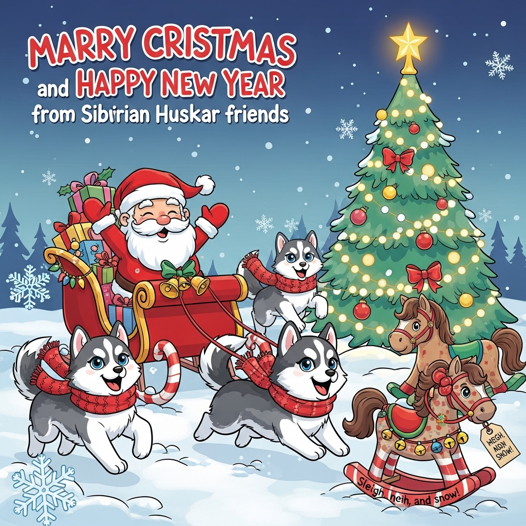 Santa, Christmas tree, Horse like cristmas toy, a bit red color, sleigh, and Christmas Card