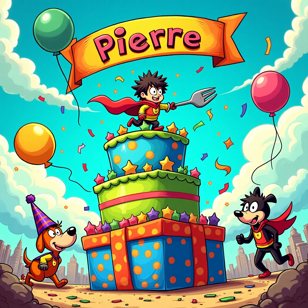 On the front cover of the greeting card, envision a bustling, vibrant birthday scene that is a collision of playful anime elements with the high-energy action from Solo Leveling, all wrapped in a cartoon style.

At the center, a giant birthday cake towers upwards, frosted in bold shades of electric blue and neon green. It's decorated with whimsical, exaggerated swirls and stars. Perched atop the cake, a tiny, cartoonish anime character with oversized eyes and a spiky, gravity-defying hairstyle reminiscent of Osamu Tezuka's style, stands triumphantly, wielding an enormous fork like a sword. This character is ready to conquer the cake in true Solo Leveling style.

Surrounding the cake, cartoon-style figures, inspired by the fluid lines of Charles Schulz and the expressive dynamism of Walt Disney, are frozen mid-action in exaggerated poses. They sport colorful costumes, complete with capes and oversized gloves, reminiscent of classic anime heroes. One figure comically struggles under the weight of a gigantic, gift-wrapped box that has a ribbon with bold polka dots, in reds and yellows.

Above the entire scene, a bright banner arcs across the sky in a comic book style, as if lifted straight from a page by Will Eisner. It reads "Pierre" in large, bold letters with a vivid rainbow gradient that makes it pop against the clear sky background. Clouds drift lazily in the backdrop, drawn in the style of Winsor McCay, with intricate lines and shading, giving them a dreamlike quality.

In the foreground, a mischievous-looking cartoon dog, reminiscent of Gary Larson's quirky style, peers curiously over the edge of the card. It wears an exaggeratedly large party hat tilted jauntily to one side, colored in stripes of purple and orange.

All around, scattered confetti and balloons in bold primary colors add an extra layer of festivity, catching the eye with their bright hues. A couple of balloons, featuring character faces with oversized anime expressions, float upwards, tethered by thin strings.

Overall, this lively composition, with its vivid colors and quirky characters, creates a playful, eye-catching birthday card cover, perfect for any anime and Solo Leveling fan.
Generated with these themes: Anime, and Solo Leveling.
Made with ❤️ by AI.