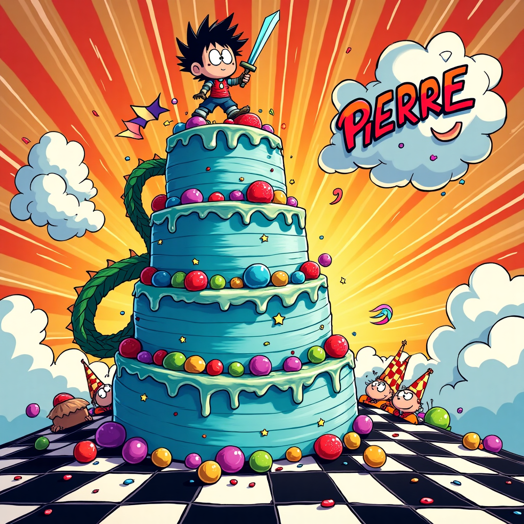 Front and center is a towering, fantastical birthday cake, reminiscent of a whimsical castle. It's frosted in a vibrant electric blue, with layers accented by streaks of neon green and pink. The cake's tiers seem to defy gravity, spiraling upwards like a magical staircase. Atop the cake, a miniature anime hero, inspired by Solo Leveling, stands triumphantly, wielding a sword with exaggerated proportions, sparkling with animated energy.

The background is a colorful explosion, resembling a manga-style action scene. Swirls of vivid oranges and reds blend with bold lines, emulating the kinetic energy found in anime battles. To the left of the cake, a caricatured dragon, a nod to classic fantasy anime, wraps around one of the cake tiers, its scales shimmering in holographic hues of purple and gold. Its eyes, comically large and expressive, are fixed on a piece of cake.

In the sky, reminiscent of Winsor McCay's dreamscapes, puffy, cartoon-like clouds form whimsical shapes, such as stars and crescents, in soft pastels of lavender and peach. Within one of these clouds, the name "Pierre" is playfully spelled out in a manga-inspired, dynamic font, outlined in bright white and filled with a gradient of fiery reds and yellows, giving the impression of speed and movement.

To the right of the cake, a collection of exaggerated anime characters, with large expressive eyes and signature spiky hair, gather. They're wearing comical party hats that seem almost too large for their heads, in shades of lime green and sunny yellow, each adorned with oversized polka dots. These characters, in their exaggerated poses and expressions, embody the playful energy of a Gary Larson or Bill Watterson illustration.

The ground is a checkerboard of bold, contrasting colors—blacks, whites, and rich reds, reminiscent of a Charles Schulz or Osamu Tezuka setting. Scattered across this terrain are oversized, cartoon-style balloons in glossy finishes, reflecting rainbow colors as if plucked from a vibrant Disney parade.

Overall, this scene is a blend of anime's dynamic flair with the humor and whimsy of classic cartoon styles, creating a visually arresting birthday card cover.
Generated with these themes: Anime, and Solo Leveling.
Made with ❤️ by AI.