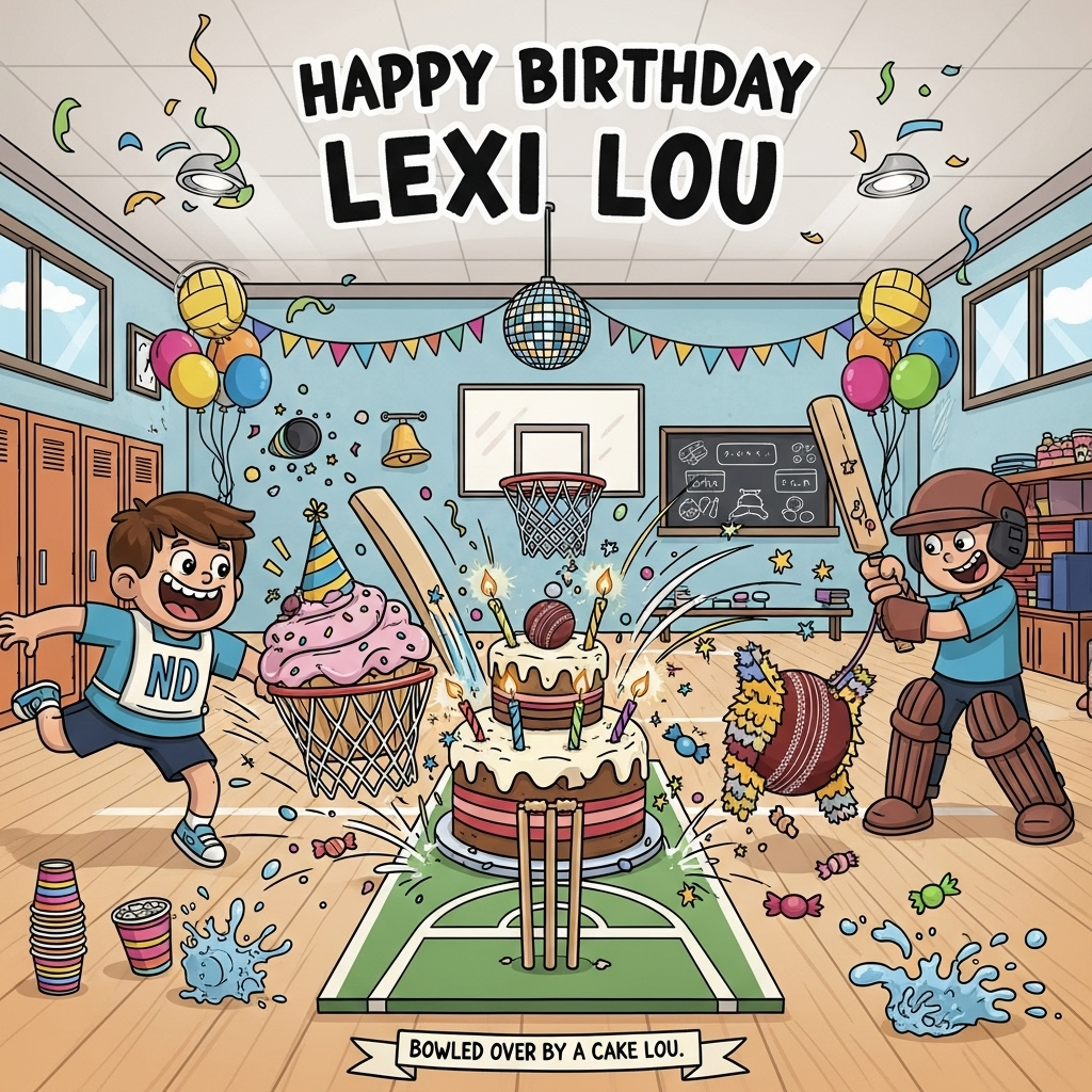 At the top of the Cartoon Style image, Happy birthday Lexi Lou

Playful, funny cartoon scene in a lively school gym turned party zone; thick black outlines, bright saturated colors, exaggerated proportions, and bouncy, whimsical poses. Center stage: a giant multi-layer cake parked on a mini cricket pitch mat; sparkling candles shaped like wicket stumps with glowing bails, a tiny netball as the cake topper wearing a party hat. Left foreground: a grinning kid in an oversized netball bib launches into a dramatic leap, accidentally slam-dunking a giant frosted cupcake through a netball hoop; rainbow sprinkles explode like confetti, with swoosh lines and starburst “impact” pops. Right foreground: another kid in comically huge cricket pads whacks a cricket-ball piñata with a wooden bat; candy sprays across the scene in a bright arc. Background: a cheerful school gym—wooden floor with painted court lines, lockers, a chalkboard scoreboard with doodles (no words), a disco-ball school bell, colorful bunting, balloons shaped like netballs and cricket balls, streamers swirling. Add slapstick touches: a wobbling stack of paper cups, a party hat flying off, a water bottle mid-splat, and energetic motion lines everywhere.

Style and color: 2D playful cartoon with a clean vector feel, thick outlines, glossy highlights, and expressive faces. Vivid saturated palette—teal, magenta, lemon yellow, lime, and tangerine. Wide-angle, low-ish viewpoint for dynamism; bright, cheerful lighting with soft shadows.

Text treatment: hand-lettered, bold, fun. Top line large and clear. At the bottom, add a small cheeky caption on a wavy ribbon: “Bowled over by cake—net gains all day!” Only include these two text elements; no other text or logos.
Generated with these themes: Netball, Cricket, School, Parties , and .
Made with ❤️ by AI.