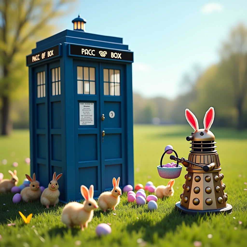 At the top of the realistic photograph image: "EX-TER-MIN-EGG! Happy Easter, Clare!"

**Prompt for the image:**  
A realistic photograph-style image showing a hilarious Easter crossover scene. In the middle of a sunny spring meadow, a classic blue TARDIS is parked crookedly on a patch of grass covered in colourful Easter eggs. Next to it stands a shiny metallic Dalek wearing bunny ears and holding a tiny pastel Easter basket with its plunger arm. The Dalek is awkwardly trying to pick up a glittery egg but seems confused. Surrounding the Dalek, several bewildered bunnies look on in amusement. In the background, a few chicks are pecking around a discarded sonic screwdriver. The overall tone is playful and funny, with a vivid, high-resolution photo-realistic look that feels both sci-fi and ridiculously festive.
Generated with these themes: Tardis with Dalek at Easter time.
Made with ❤️ by AI.