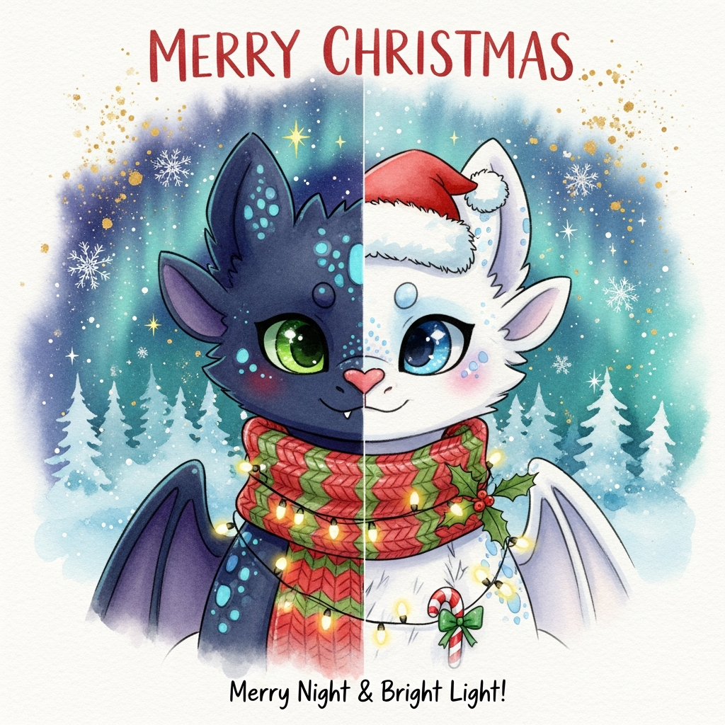 At the top of the Watercolor Style image, MERRY CHRISTMAS

Full-bleed, portrait watercolor illustration with soft washes, delicate gradients, subtle pigment blooms, and natural cold-press paper texture. Center a cute dragon character split vertically into Half Night Fury and Half Light Fury: left half velvety midnight-black scales with bioluminescent speckles, soft ear-fins, and a big sparkling neon-green eye; right half pearly white/iridescent scales with a crystal-blue eye and gentle shimmer. Let the seam glow softly, forming a tiny heart-shaped nose and a shy smile; add a faint blush on both cheeks for extra cuteness.

Dress them in a shared red-and-pine-green knitted scarf bridging the two halves; perch a tiny tilted Santa hat right over the center line. Drape warm fairy lights loosely around their shoulders; tuck a holly sprig and a candy cane into the scarf. Background: dreamy wet-on-wet snowy evergreen forest, drifting snowflakes, faint aurora and twinkling stars in a deep winter sky; sprinkle fine metallic-gold ink flecks for festive sparkle and watercolor granulation.

Color palette: wintry blues and teals, pine greens, cranberry reds, warm gold accents. Soft edges, airy negative space near the header, no harsh outlines. Gentle, cozy rim light where night meets light to emphasize the split.

Style the “MERRY CHRISTMAS” headline in loose brush-calligraphy at the top, cranberry watercolor with subtle gold spatter and a slight arch. At the bottom in small playful script, add one short cheeky caption: “Merry Night & Bright Light!”
Generated with these themes: Half Night fury, Half Light fury, Christmas scene, and .
Made with ❤️ by AI.