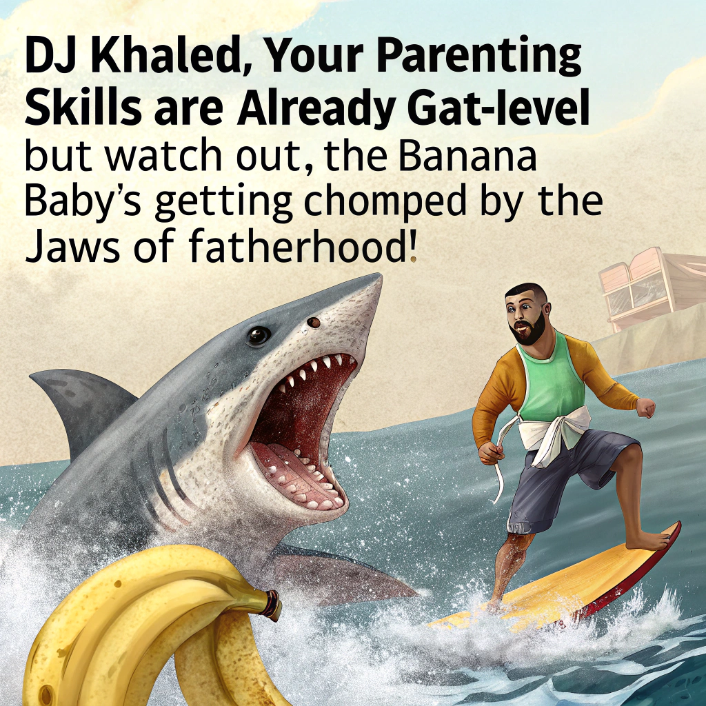At the top of the realistic photograph image, "Dj Khaled, your parenting skills are already GOAT-level — but watch out, the banana baby’s getting chomped by the jaws of fatherhood!"

- The image should depict a hilariously realistic scene of a large, surprised-looking banana being dramatically chomped on by a massive great white shark mid-leap, while an equally enormous goat, wearing a baby bib and holding a diaper bag in its mouth, stands triumphantly on a nearby surfboard in the background.  
- The scene is set at a sunny beach with chaotic joy, splashy water, and comedic action — think “dad-life mayhem meets nature documentary blooper.”
- A baby bottle floats comically in the water nearby, and if you look closely, the banana is wearing tiny booties.
Generated with these themes: A banana getting eaten by a big shark with a big goat.
Made with ❤️ by AI.